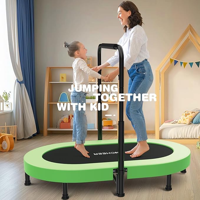 ANCHEER 56'' Foldable Mini Trampoline with Adjustable Handle - Indoor/Outdoor Rebounder for Kids & Toddlers Safe Oval Fitness Trampoline with Bar for Home Fun