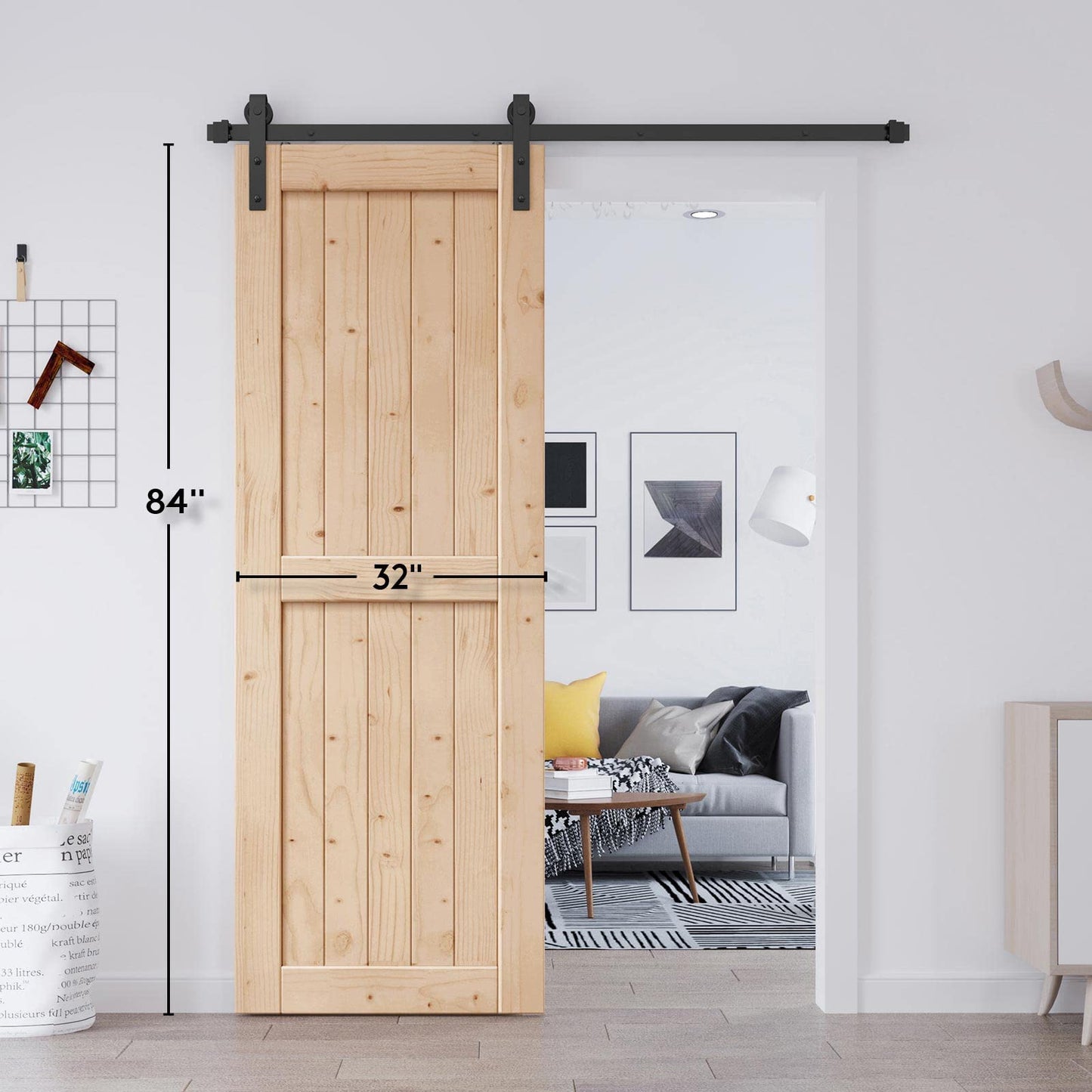 EaseLife 32in x 84in Sliding Barn Wood Door,Interior Doors,DIY Assemblely,Solid Natural Spruce Panelled Slab,Easy Install,Apply to Rooms & Storage Closet,H-Frame