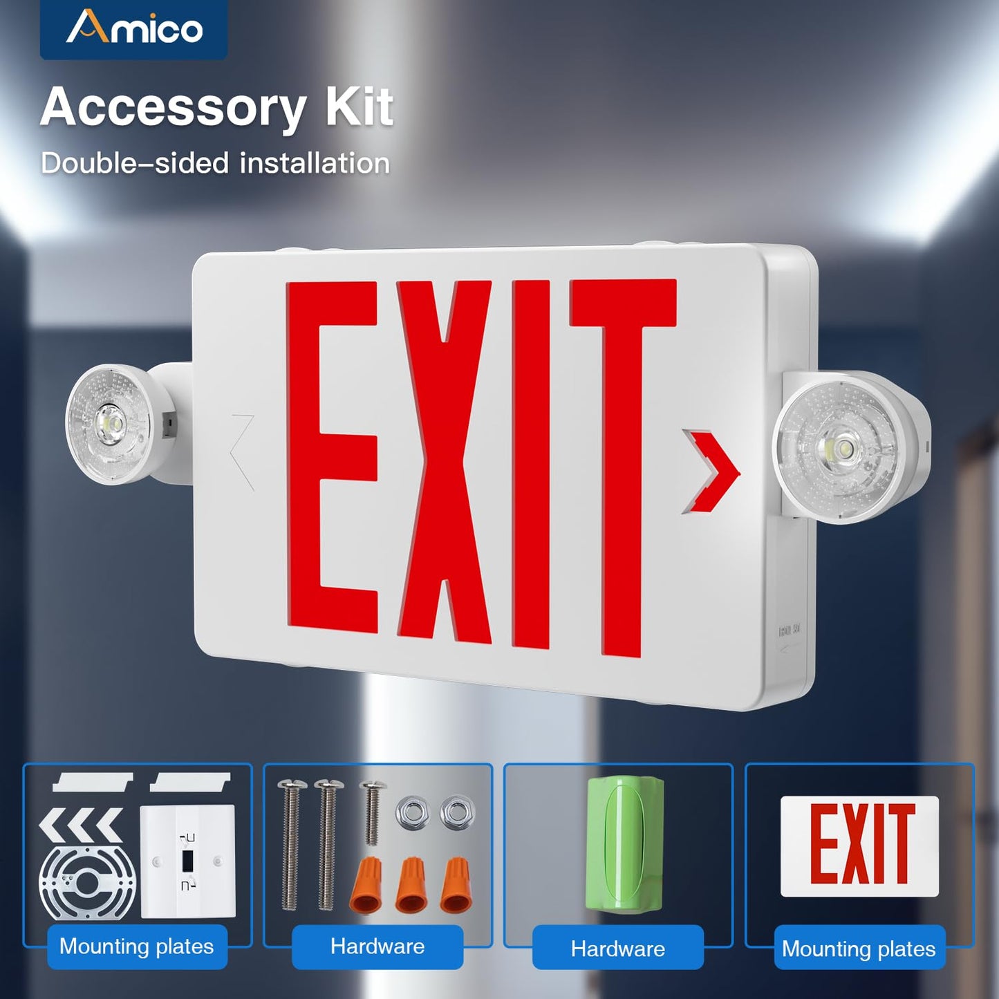 Amico 12 Pack Red Exit Signs with Emergency Lights, Commercial Grade, 94V-0 Fire Resistant Housing, Two LED Adjustable Head, Emergency Exit Sign with Lights Battery Backup, ETL Certified, AC 120/277V