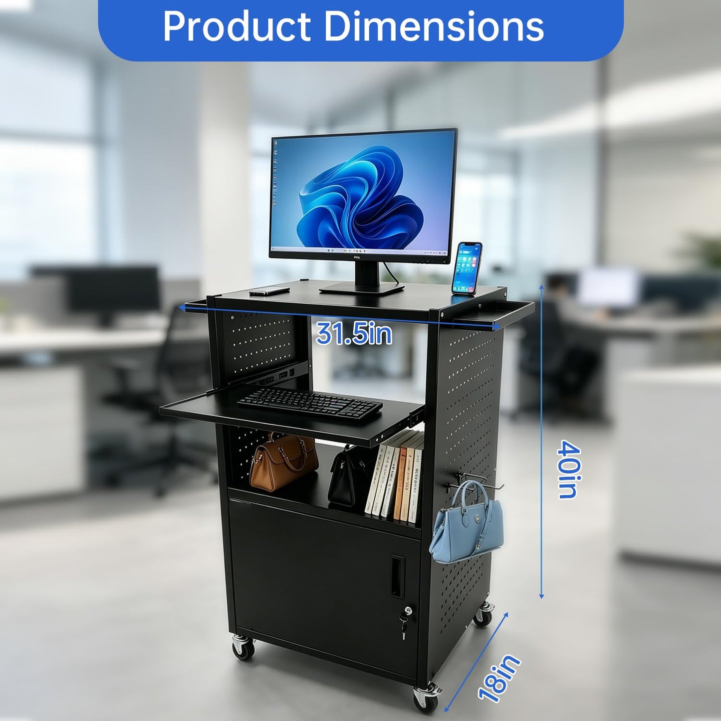 Upgraded AV Cart with Power Strip, Mobile Media Workstation with Pegboard & 12 Hooks, Locking Cabinet, Pull-Out Keyboard Tray, Rolling Computer Cart, Utility Trolley (40" x 18" x 31.5")