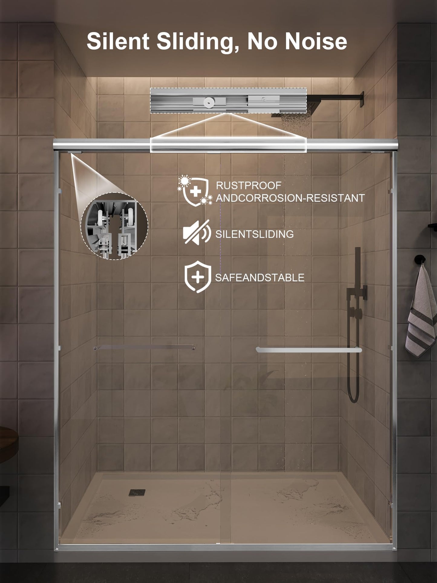 Glass Shower Door, 56"-60" W x 72" H Sliding Shower Door, Aluminum Semi-Frameless & 1/4"(6mm) Clear Tempered with Explosion-Proof Film Nano Coating Shower Door Fit for Walk in Shower, Chrome Silver