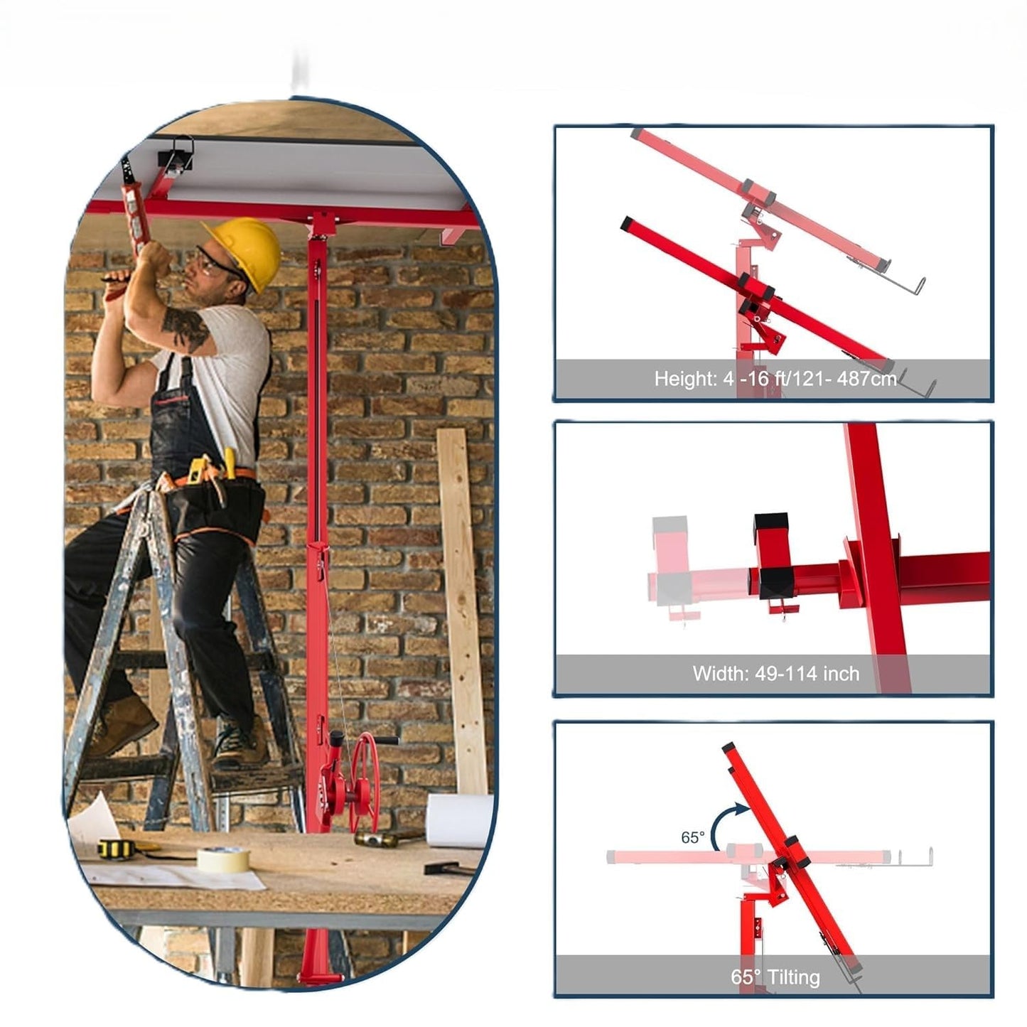 Drywall Lift 16 ft, Heavy Duty Sheetrock Lift 150LBS, Drywall Lifter Rolling Lifter Panel, 360° Adjustable Telescopic Arm & 3 Lockable Wheels Hoist Jack, for Ceiling and Wall Installation