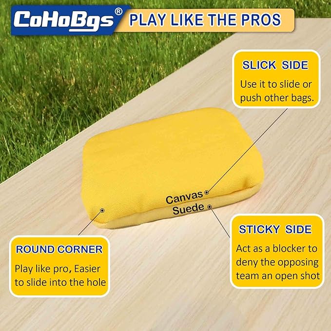 CoHoBgs Corn Hole Bags Set 8, Professional Cornhole Bags Dual-Sided Slick & Stick Resin Filled Suede and Duck Canvas Bean Bag for Cornhole Game Includes Carry Case