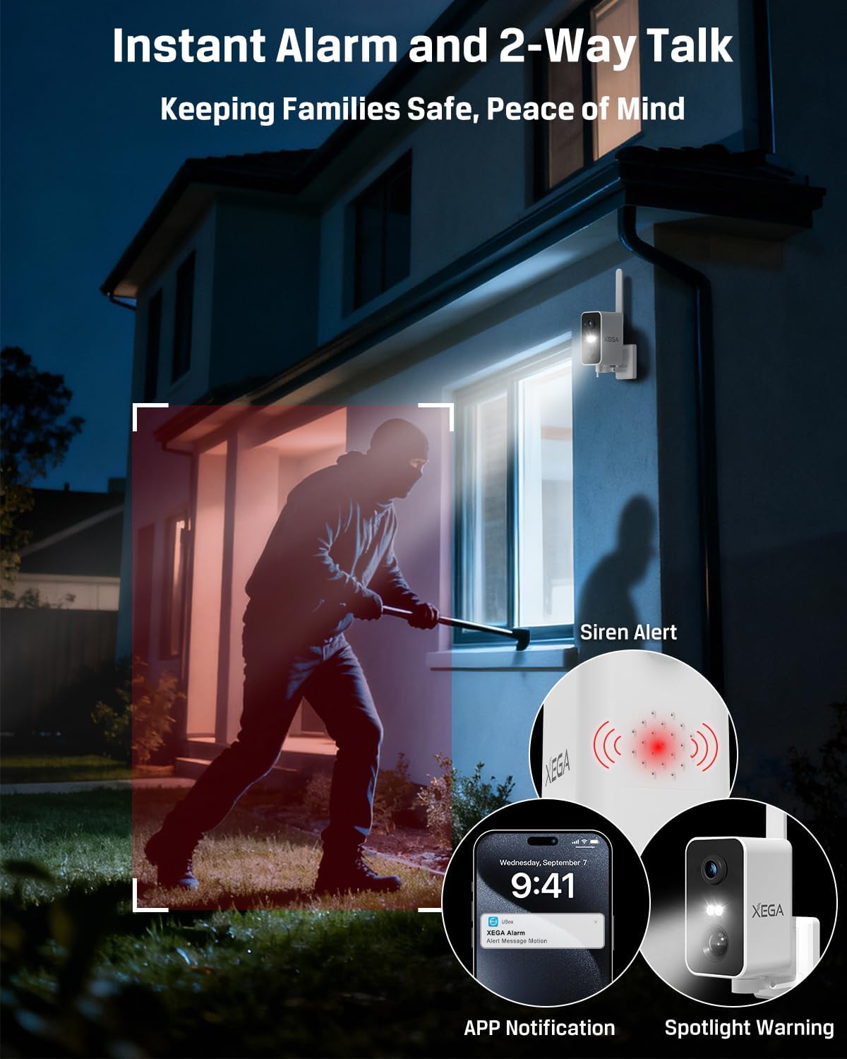 Xega 4G 10000mAh 180, 2K 2-Way IP66, Cellular Security Camera: Battery, No WiFi Need, Pan Motion Detection, Color Night