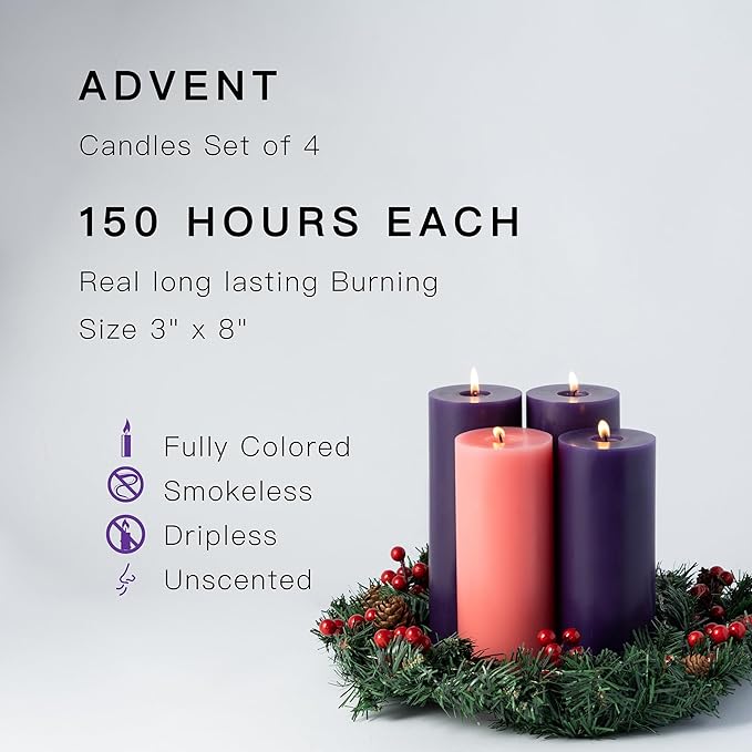 MOZEAL 3" x 8" Hand-Poured, Unscented Pillar Candles. Each Offers Approx 150 Hours of Clean, Long-Lasting Burn Time. Dripless Candles Set of 4, Ideal for Advent Wreath