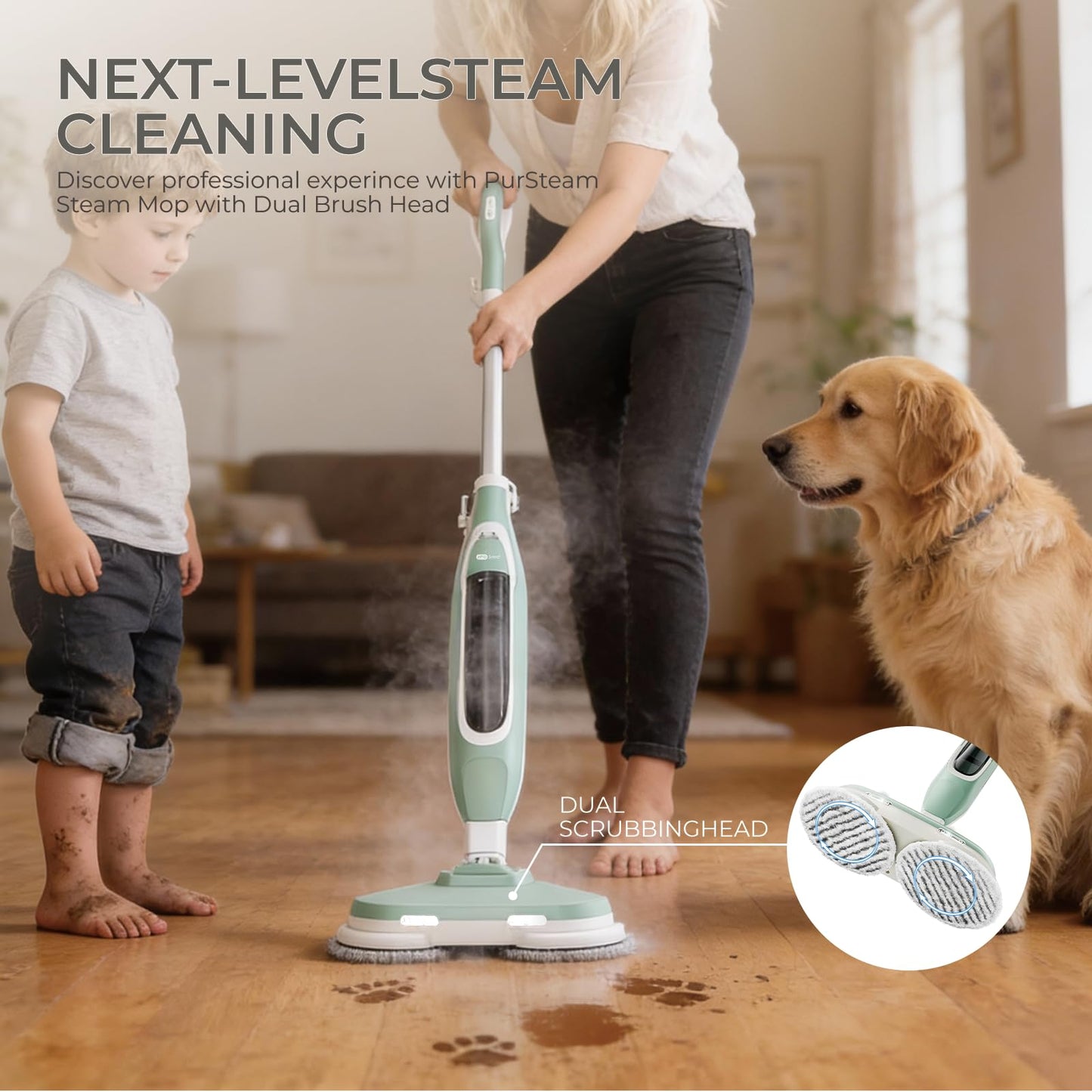 EPROEON Steam Mop, All-in-One Steam and Scrub Hard Floor Cleaner with LED Headlights, 450ml Tank, 4 Soft Pads, Dual Power, Swivel Steering for Hardwood, Tile and Laminate