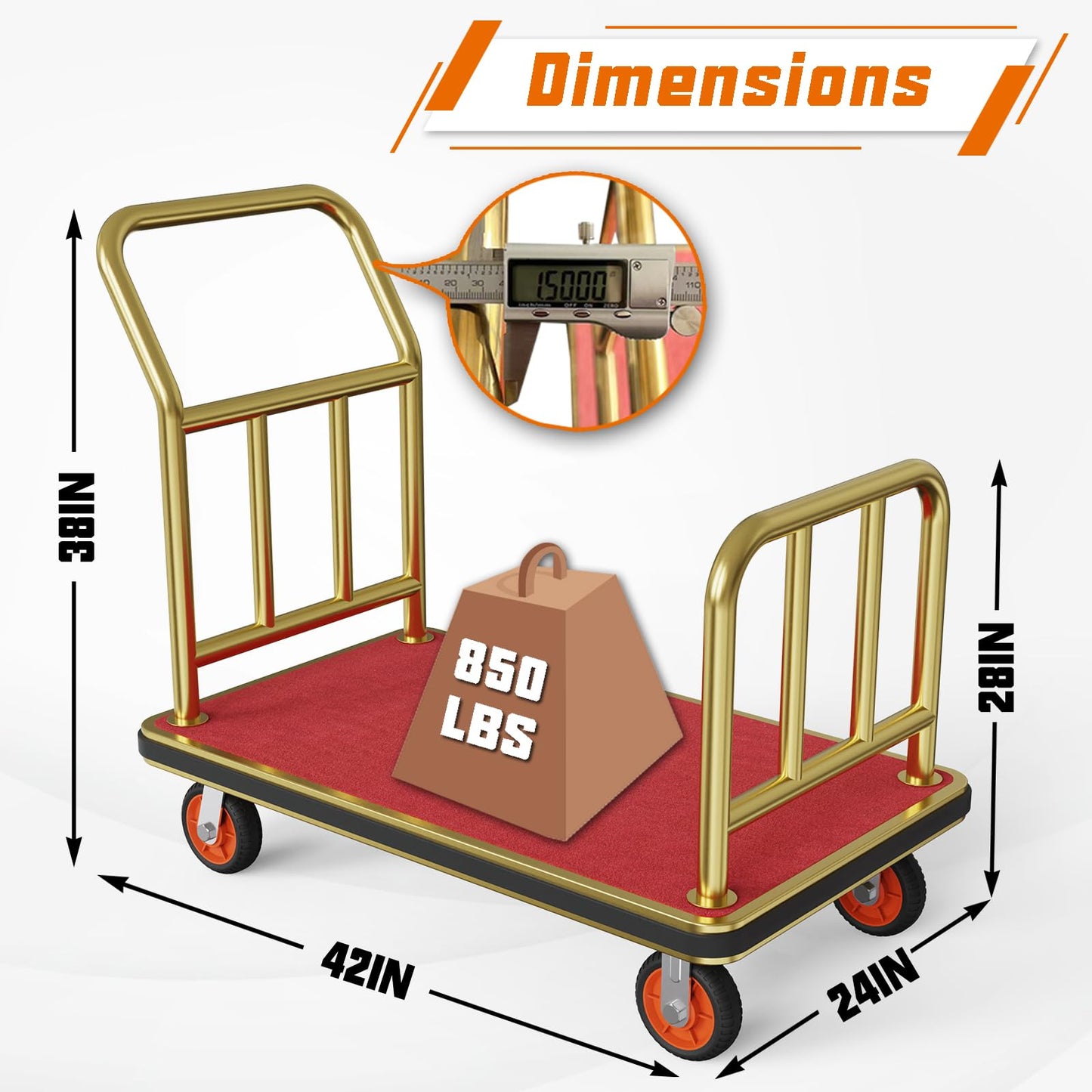 Fauenpeey Gold Hotel Metal Classic Luggage Cart 42"x24" Bellman Cart Baffle Guardrail Weight Capacity Up to 850 lbs