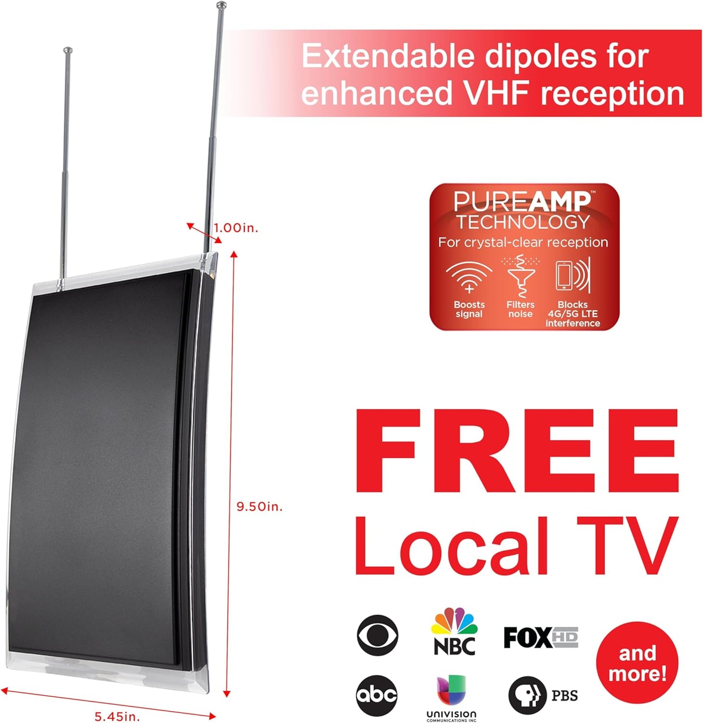 GE 4K 1080p 48732 TV Antenna for Smart TV Indoor, HD Antenna, Supports Signal Reception with Signal Amplifier, Free