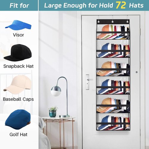 AOODA Clear Over The Door Hat Rack - Large Storage Organizer for Up to 72 Baseball Caps | Black