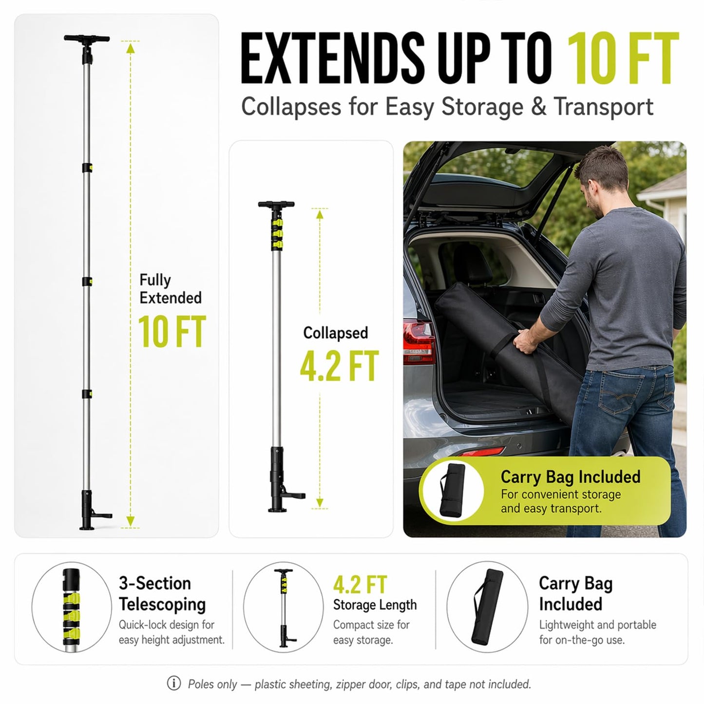 10FT Dust Barrier Poles, Foot-Pedal Spring-Release, 4-Pack Lightweight Aluminum Zipper Wall Telescoping Poles for Temporary Dust Barrier System, Construction & Home Renovation, with Carry Bag