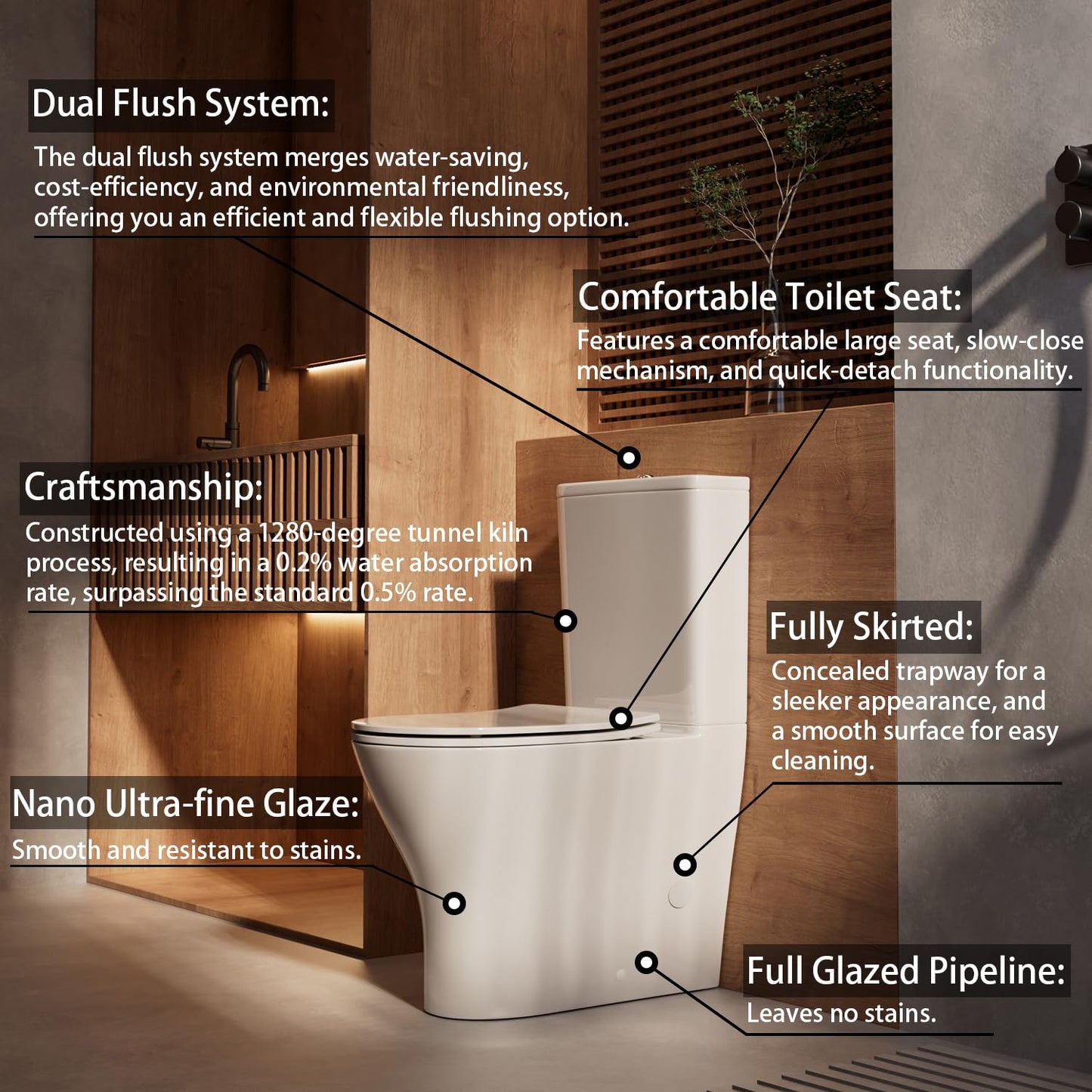 ARES 18" Tall Rear Outlet Toilet, Two-Piece Toilet with Comfort Seat & Dual Flush Water Tank, Powerful Rimless Flush with P-Trap Rear Discharge, Includes Two Types of Extension Pipes