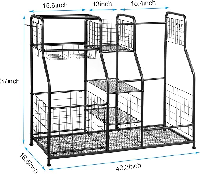Garage Sports Equipment Organizer & Outdoor Toy Storage, Ball Storage Golf Organizer For Garage with Baskets, 5 Hooks