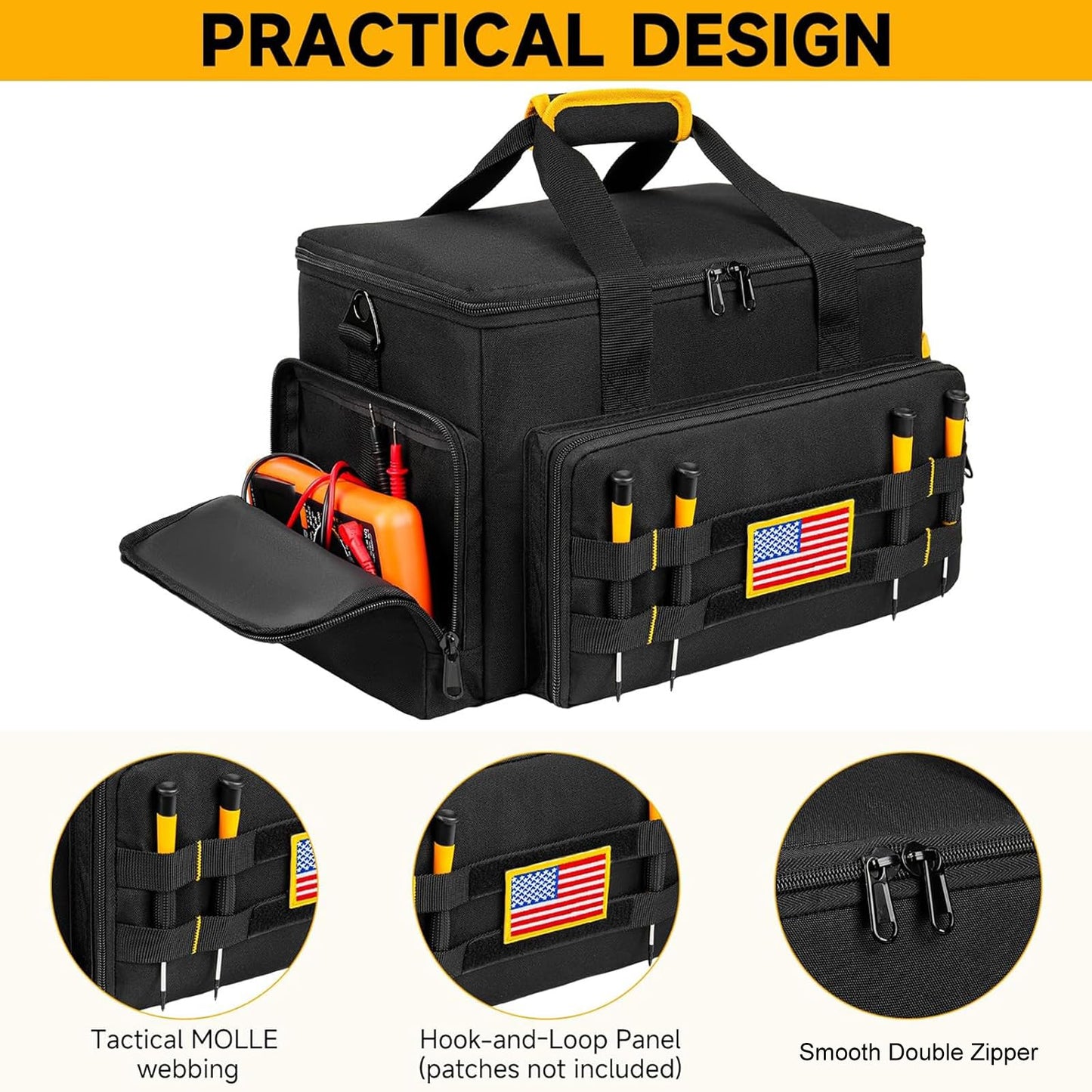 Tool Bag 15 Inch,Heavy Duty Tool Organizer,Tactical Range Tool Tote,30 Pockets & Anti-Friction Bottom,Water-Resistant,Tool Box for Him Dad Men,Electrician,Carpenter,Repairman,Ideal Gift for Father