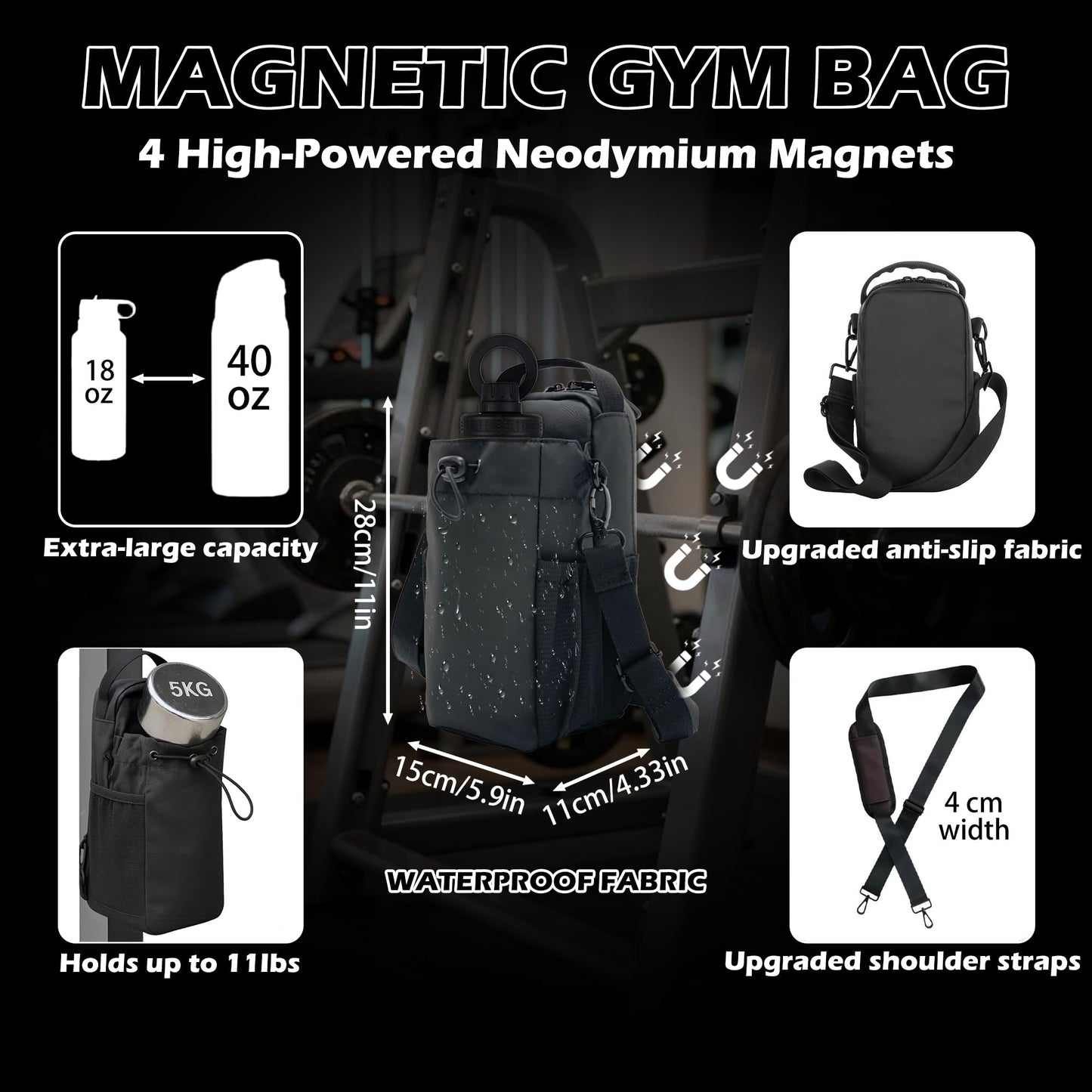 Magnetic Gym Bag Bundle 3-in-1: Sling Bag with 32oz Water Bottle & Phone Holder, Magnetic Towel & Pouch – Small Gym Bag for Men Women
