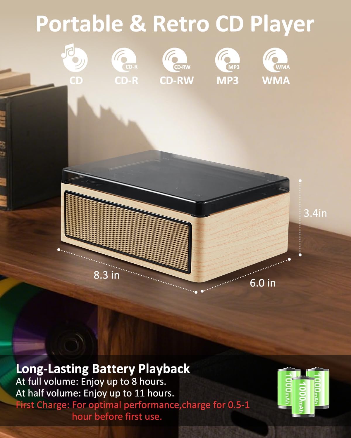 Gelielim Retro CD Player Boombox, Desktop CD Player with Bluetooth in/Out, Rechargeable Battery, HiFi Speakers, Wooden