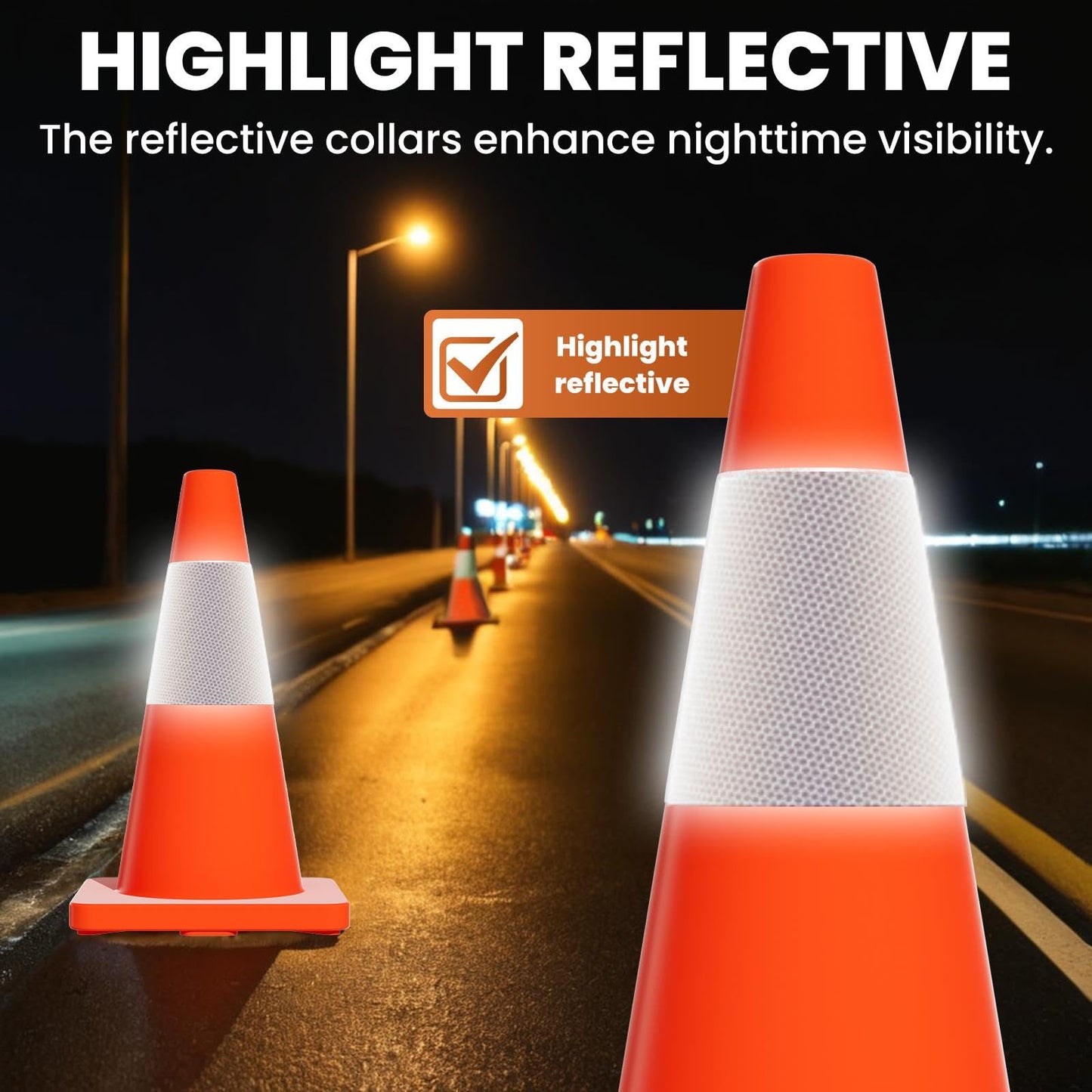Traffic Cones, 18 Inch Safety Cones with Reflective Tape and Weighted Base, Collapsible PVC Orange Cones, Parking Cones for Construction Zone, Parking Lot and Event Barricade (60 Pack)