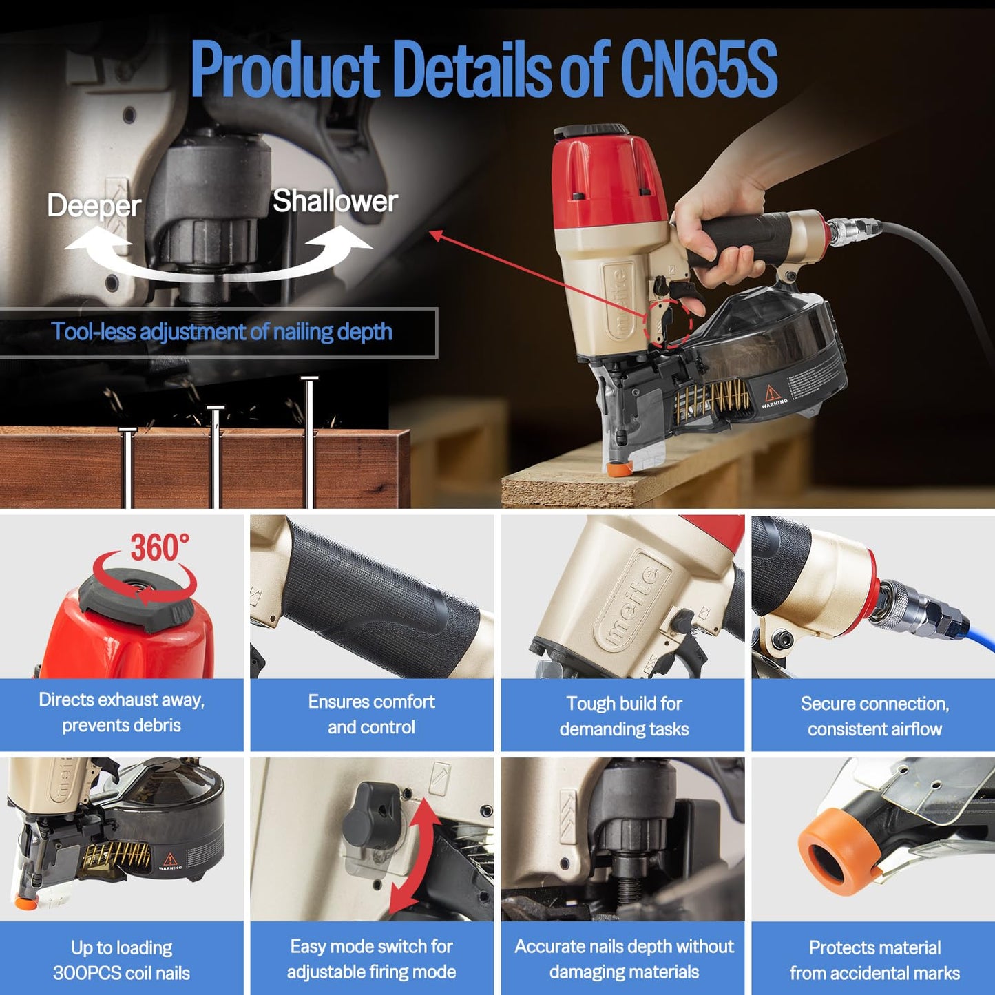 meite CN65S Coil Siding Nailer with 15 Degree Siding Nails 2" × .099'' - Pneumatic Nail Gun with 360° Exhaust & Safety Lock for Roofing Fencing Decking