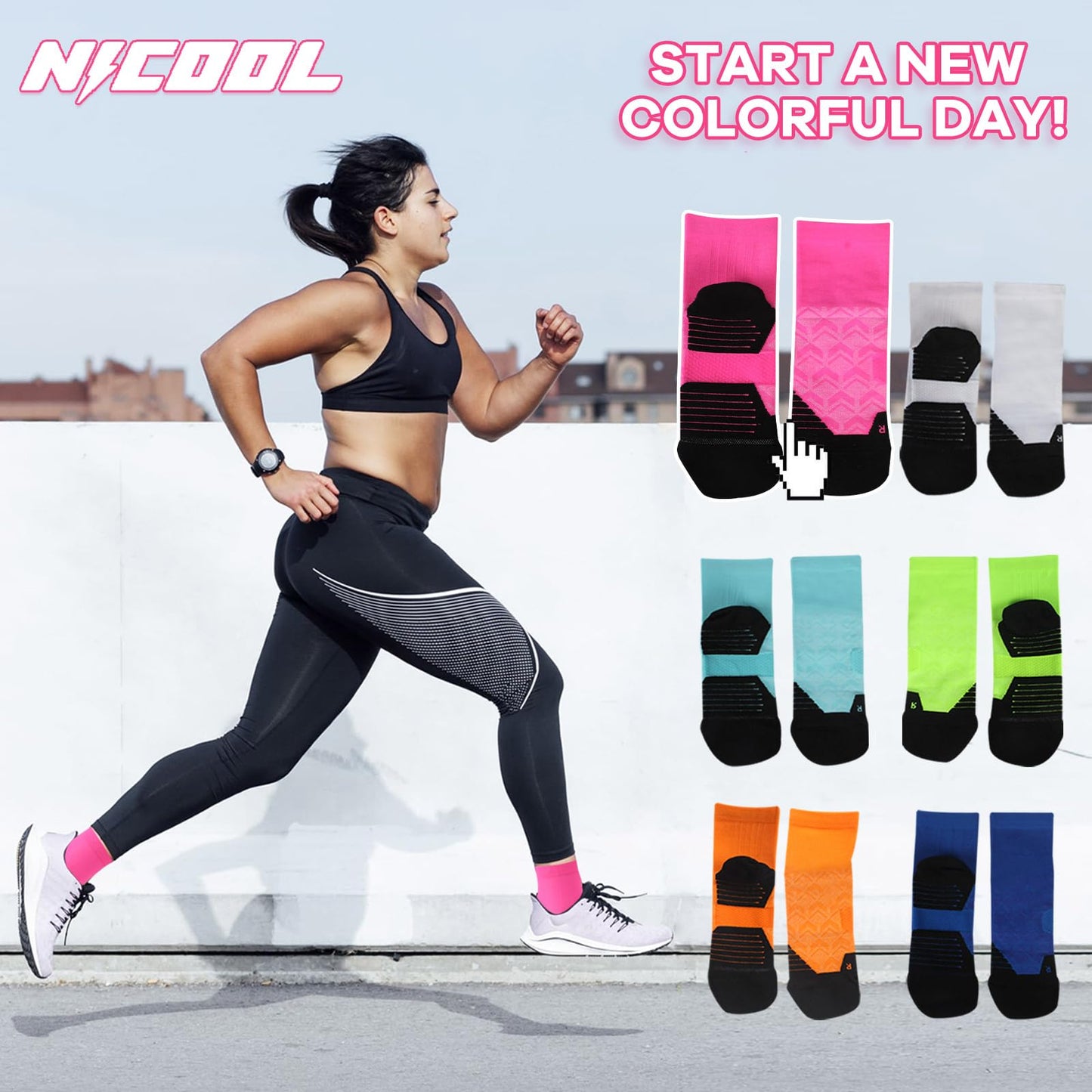 NIcool Athletic Socks Bright Pink For Womens, Cycling Socks For Men, Womens Pink Crew Socks, Mens Running Compression Socks Cushioned Mid-Calf Tennis Volleyball Neon Socks 3 Pair, Pink