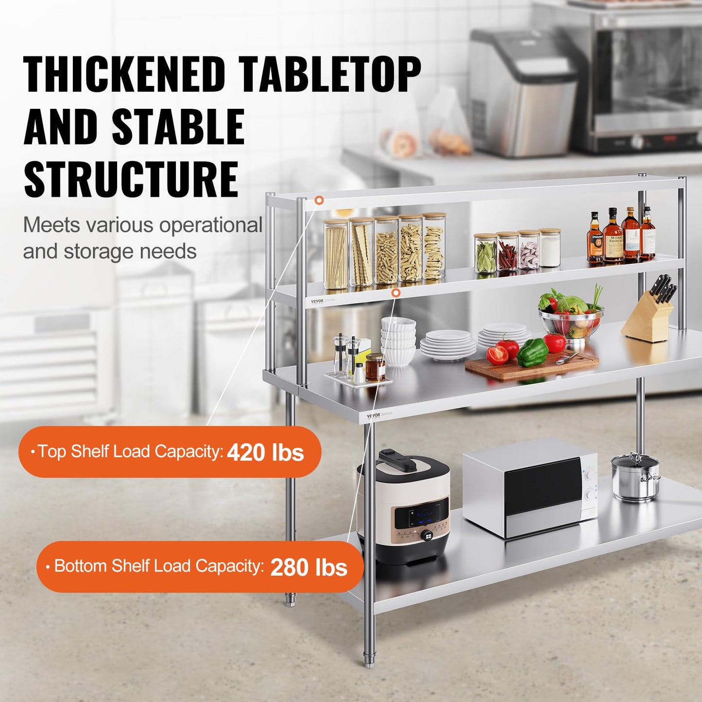 VEVOR Double Tier Stainless Steel Overshelf, 12 x 72 Inch Double Deck Height Adjustable Prep Work Table for Kitchen, Restaurant and Workshop