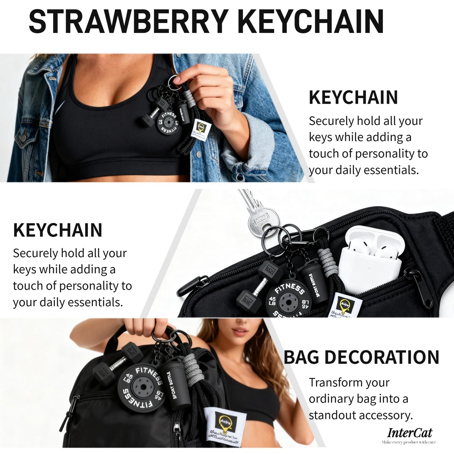 Colorful Fitness Keychain Set - Silicone Dumbbell/Kettlebell Charm, Metal Clasp, Motivational Gym Bag Accessory, Workout Gift (Fitness Bell Pot - Black)