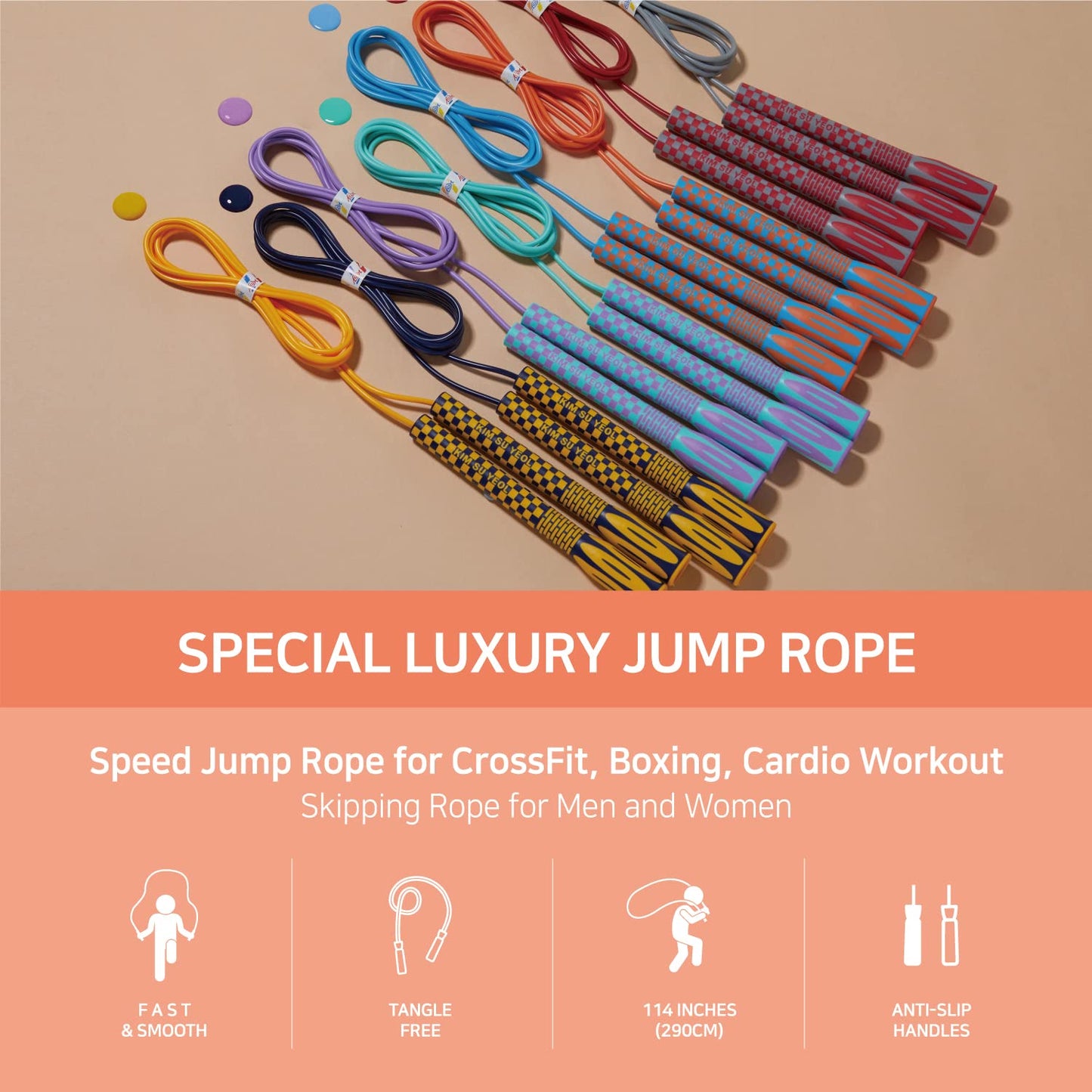 Skipping Jump Rope for Fitness Workout - Light Weight, Adjustable, Tangle Free, Excellent line control for Cardio Boxing, CrossFit, Training Exercise All Ages and Gender ( Special Luxury, KA-220, Made in Korea) (Mint-Blue)