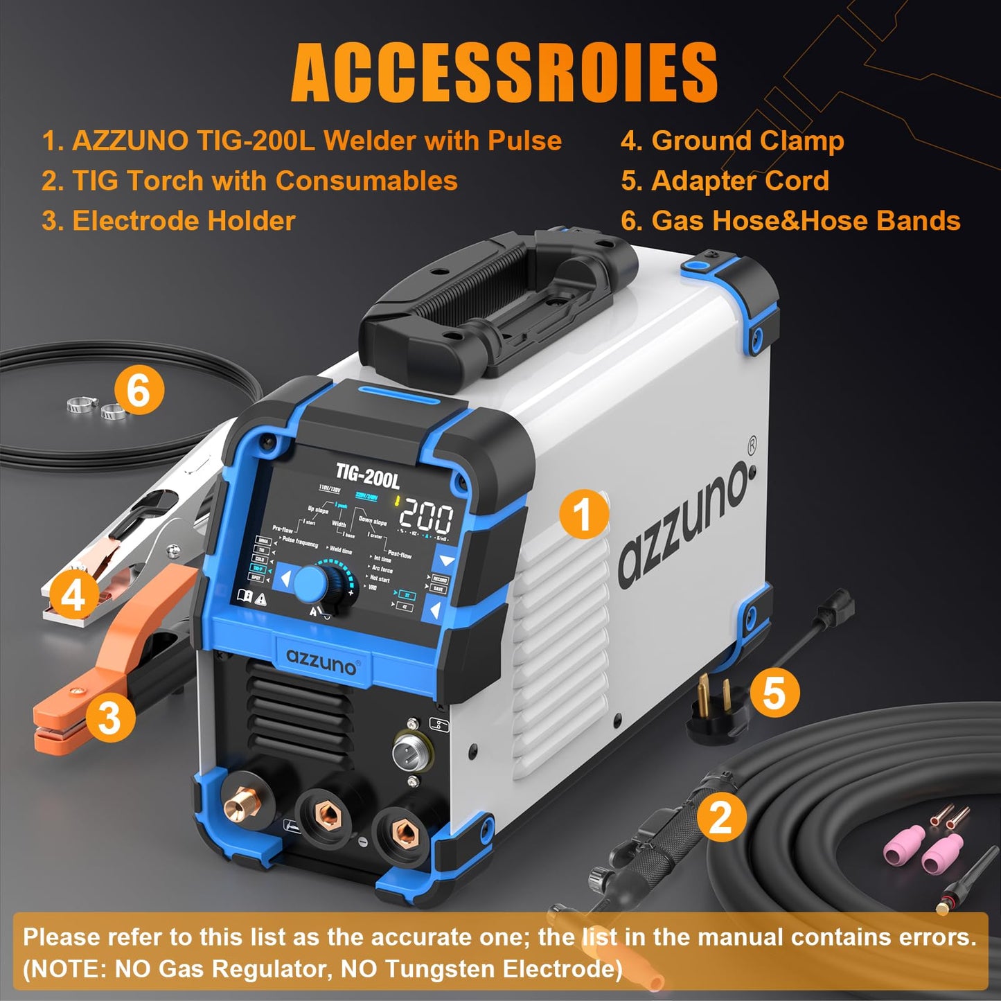 AZZUNO 200A TIG Welder With Pulse Cold, 5-in-1 DC HF TIG/PULSE TIG/COLD/SPOT TIG/STICK, 110V&220V Dual Voltage TIG Welding Machine with Large LED Display