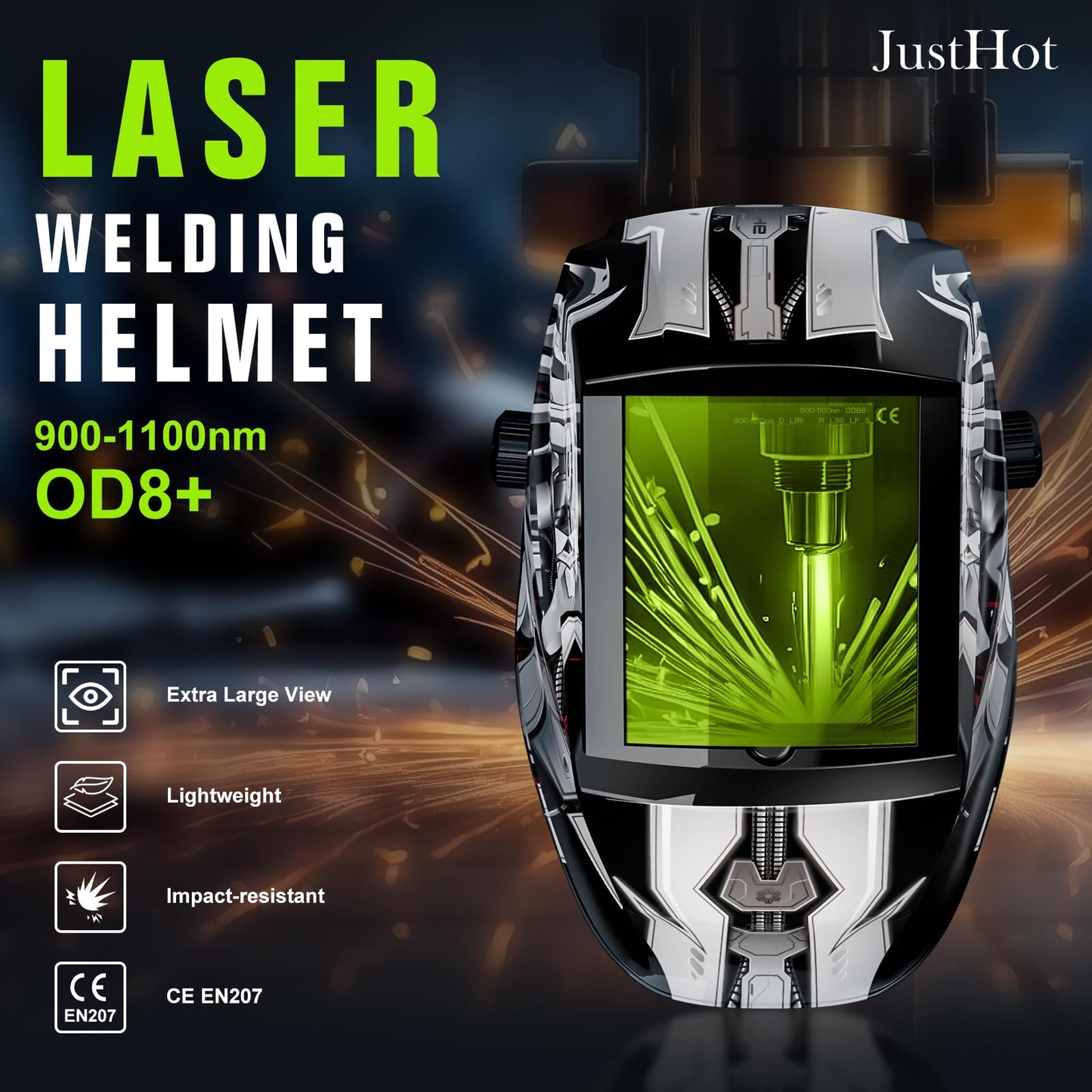 JustHot Laser Welding Helmet Large Viewing OD8+ Professional Eye Protection 900nm-1100nm Safety Mask for Laser Welding/Laser Cutting/Diodes/Laser Marking (Grey)