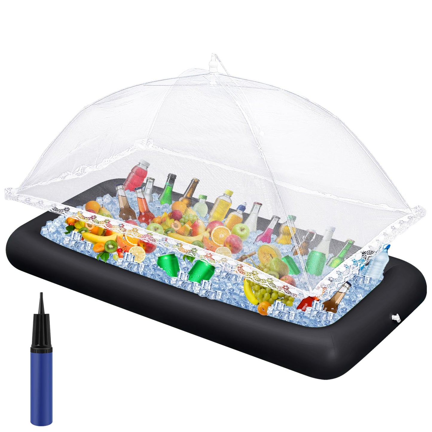 Leitee 3 Pcs Inflatable Serving Bar Kit Includes Salad Buffet Tray with Drain Plug Mesh Food Cover Food Drink Containers and Inflator for Ice Supplies Halloween Party Camping Picnic(Black)