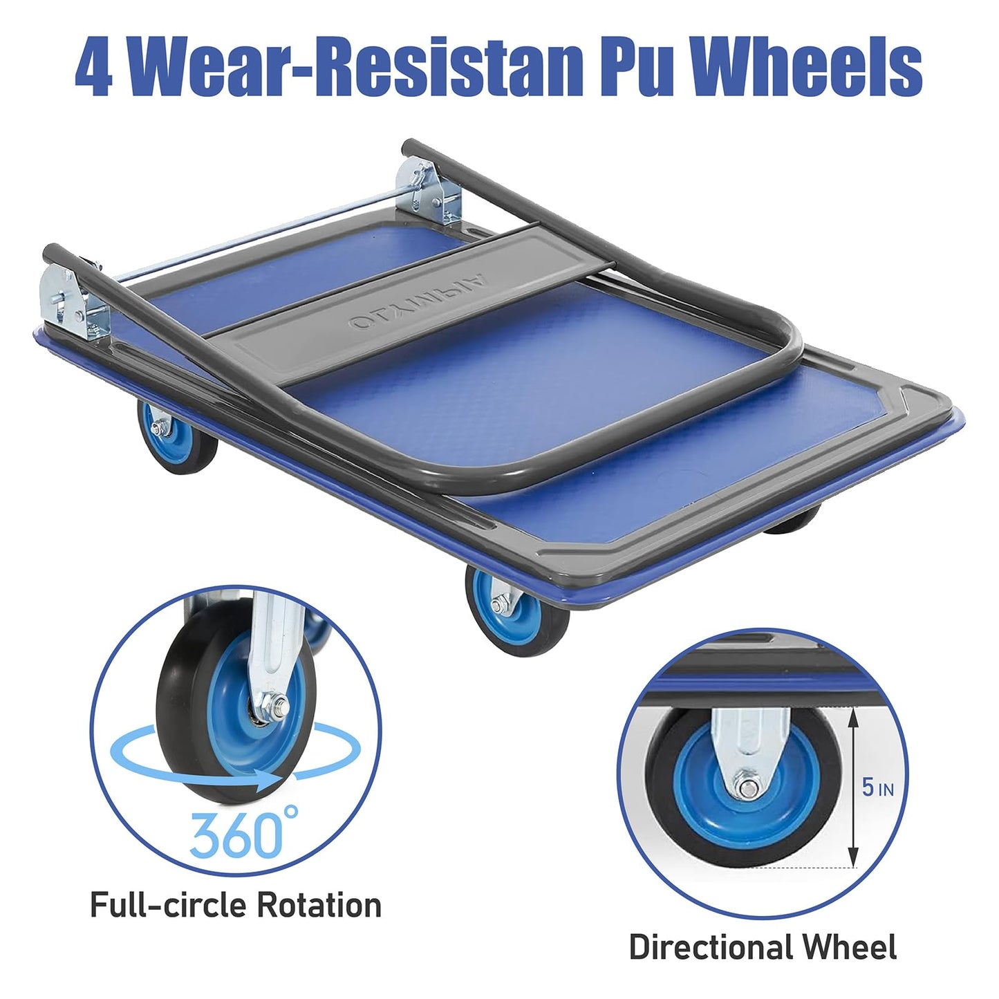 Olympia Tools Foldable Push Cart Dolly - 600 Lb. Capacity Heavy Duty Platform Truck with 360° Swivel Wheels - Blue