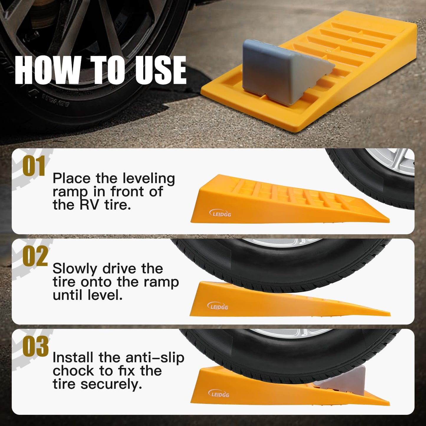 LEIDGG RV Leveling Blocks 2 Pack Heavy Duty Camper Leveler with Storage BagSupports Up to 10000 LBS Adjustable Up to 3IN Ideal for Travel Trailers, Campers, RVs, Motorhomes