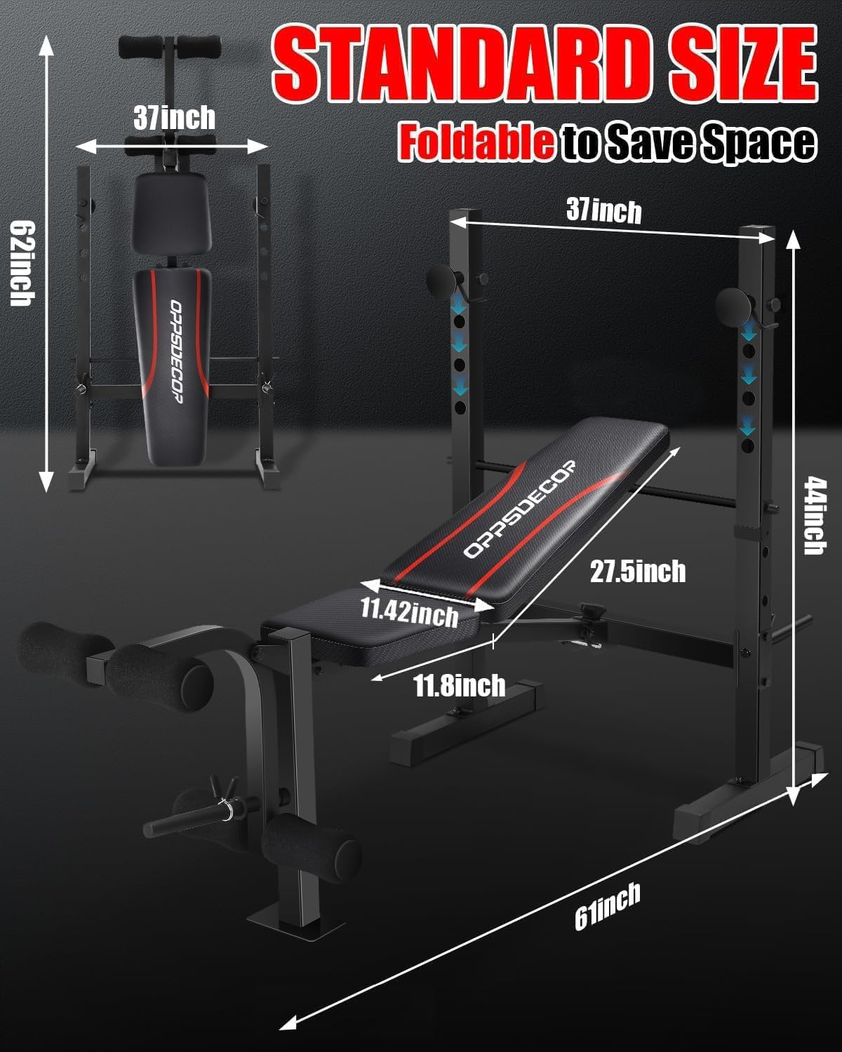 OPPSDECOR Standard Weight Bench Set with Squat Rack, 600LBS Adjustable Bench Press Set with Leg Extension and Leg Curl, Foldable Flat Incline Decline Workout Bench for Home Gym Full Body Training (Black)