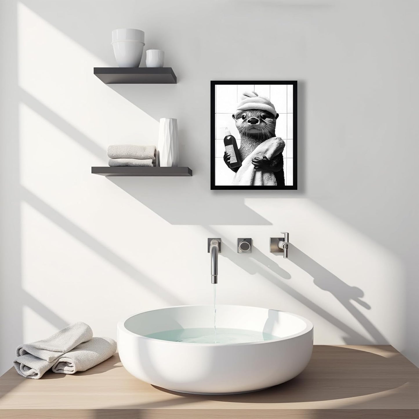 SYWENNOI Framed Black and White Bathroom Canvas Art - Funny Otter Bath Decor | Ready to Hang 8x10 Inches