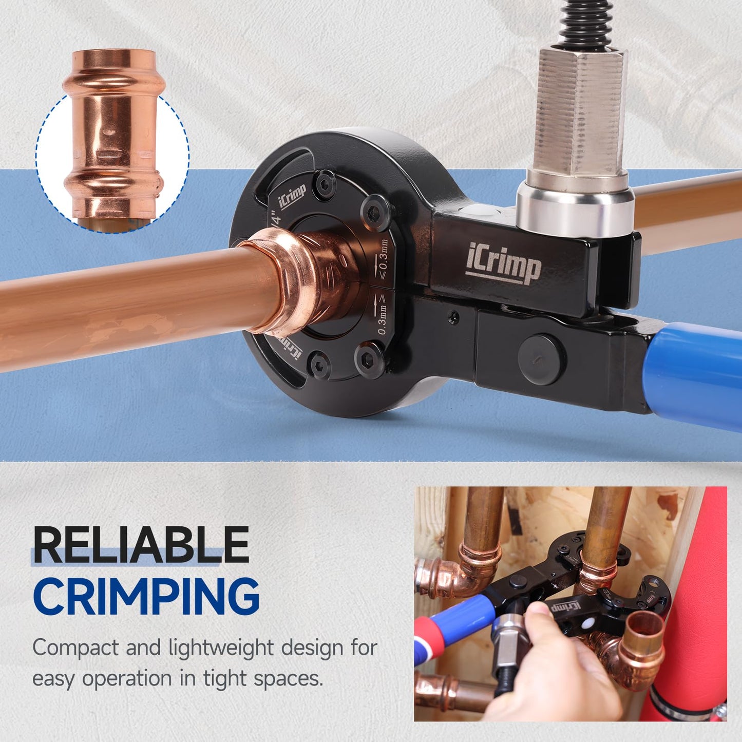iCrimp Copper Pipe Press Tool for 1/2" 3/4" 1" Fittings, Manual Wrench & Electric Socket Dual-Drive Crimping Tool with Cutter, Compatible with ProPress, Compact Design for Tight Spaces