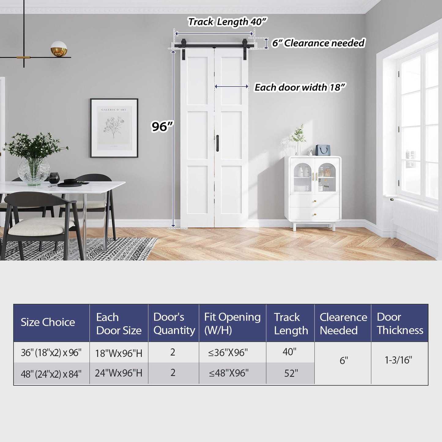 FREDBECK Bifold Barn Door 36x96 (Double 18x96) Bi-fold Closet Doors Hardware Kit Included,with 40" Track White