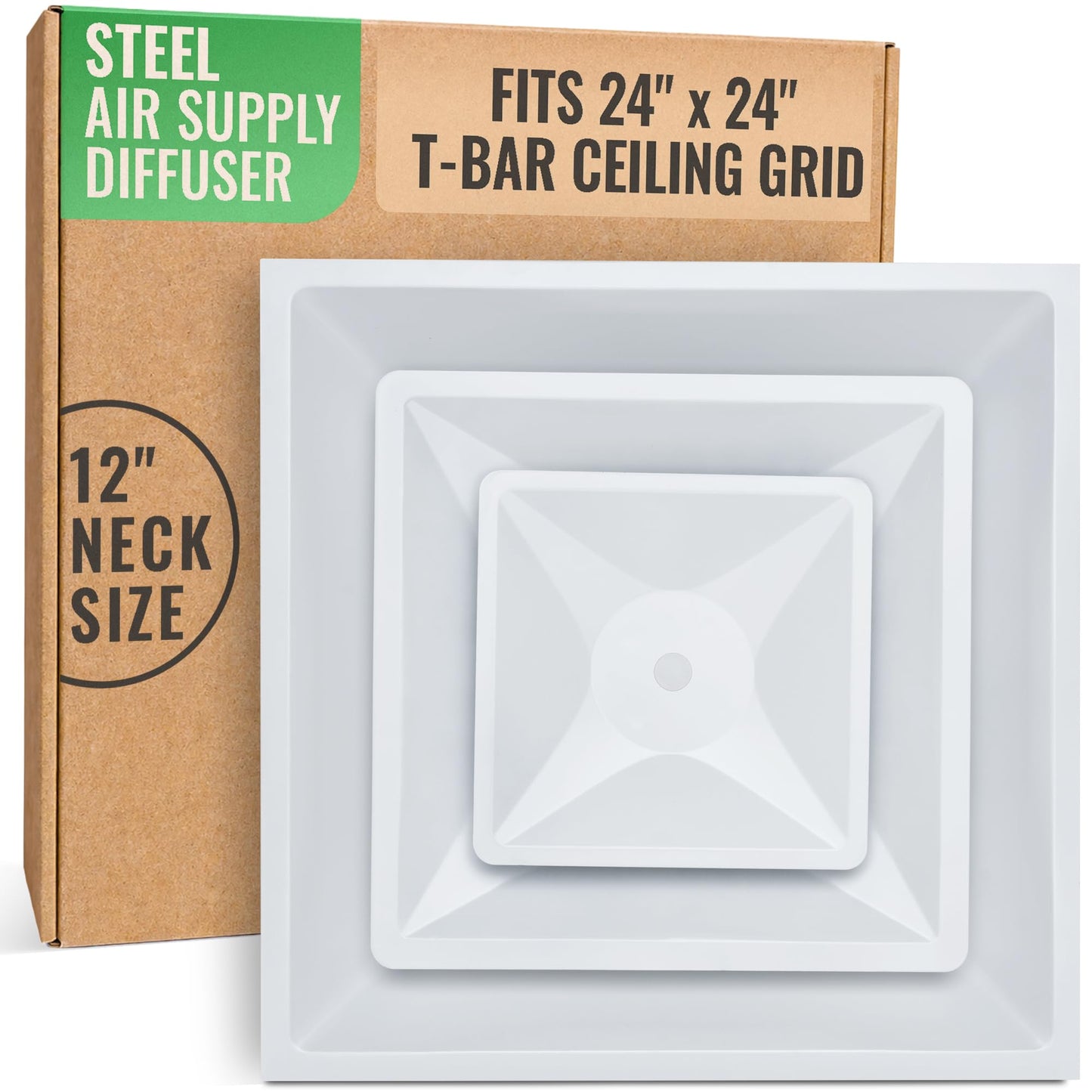 Fits 24x24 Steel T-Bar Drop Ceiling Grid | 2x2 Feet Lay in Steel Air Supply Diffuser with Round 12" [Neck Size] by Handua | 2 Cone | Drop Celing Vent | White | Outer Dimension: 23-3/4" x 23-3/4"