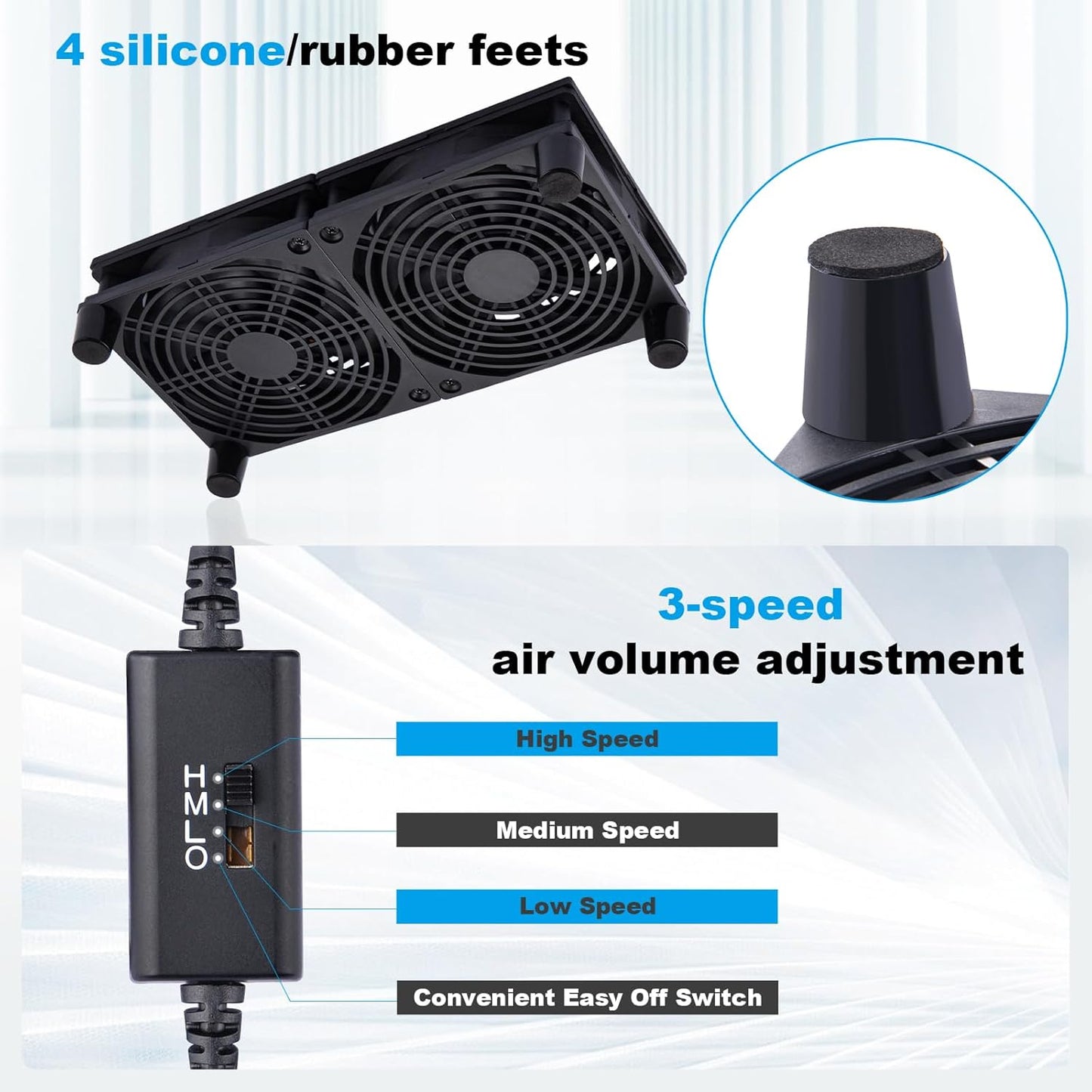 120mm 5V, 3-Degree Quiet Dual USB Fan Dual-Ball Bearings, USB Fan with L/M/H Speed Controller High Airflow Cooling Fan