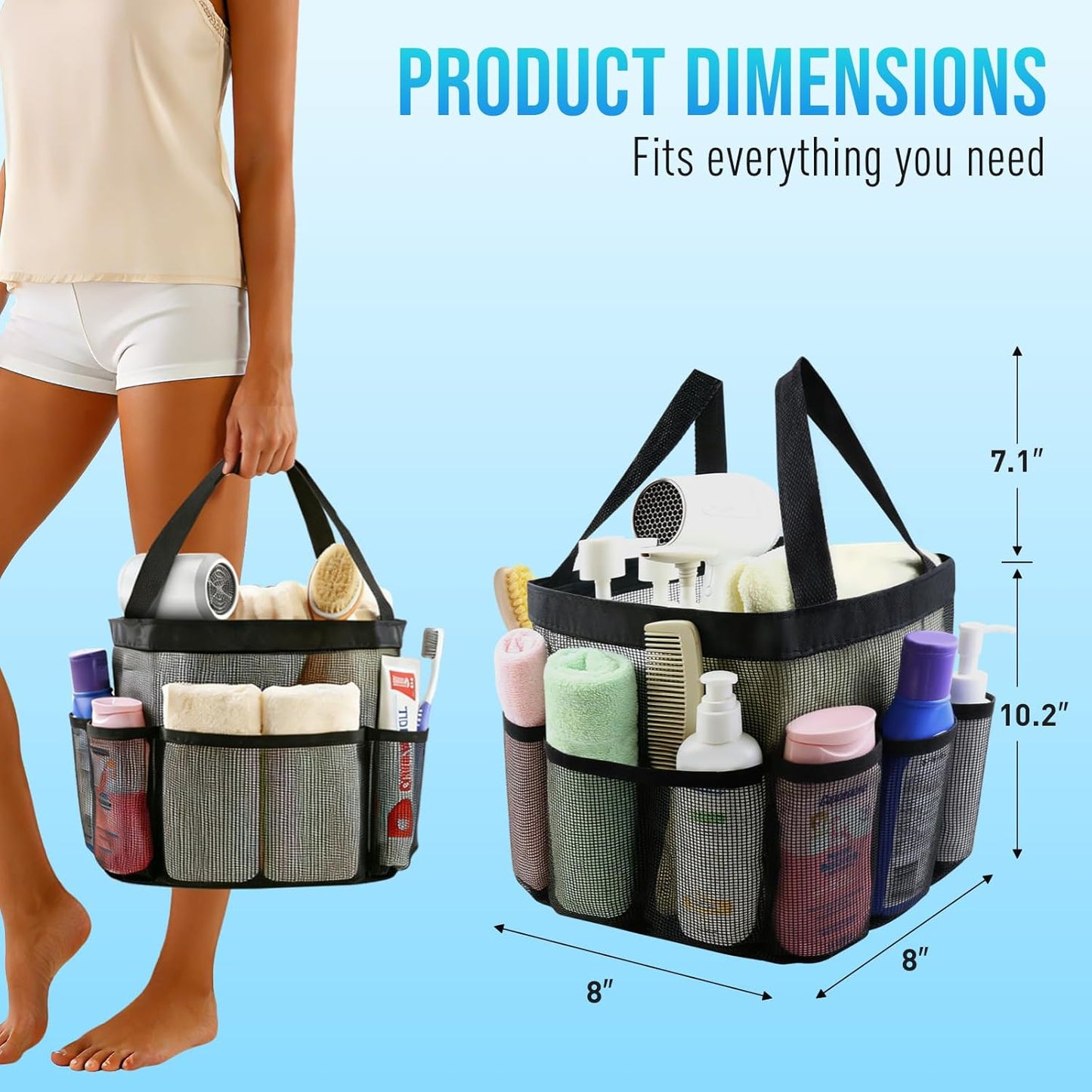 Skiennix Mesh Shower Caddy - Portable Tote Bag with 8 Pockets for Dorm, Gym, Beach & Camping - Rose Red