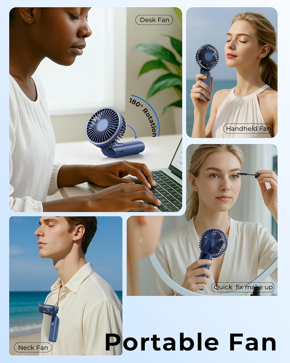 TUNISE Portable Handheld Fan - Rechargeable 4000mAh Battery, 180° Adjustable, 6 Speeds, Quiet Design