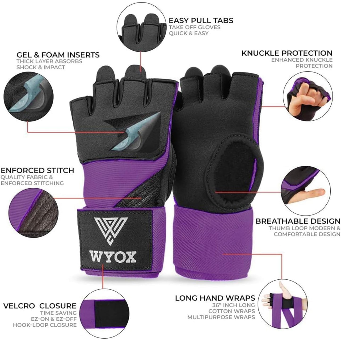 WYOX Gel Boxing Hand Wraps Inner Gloves for Men & Women, 80cm Quick Wrist Straps, Padded Knuckle Protection for Muay Thai Kickboxing, Hand Wraps for Boxing & Martial Arts (Purple, S/M)