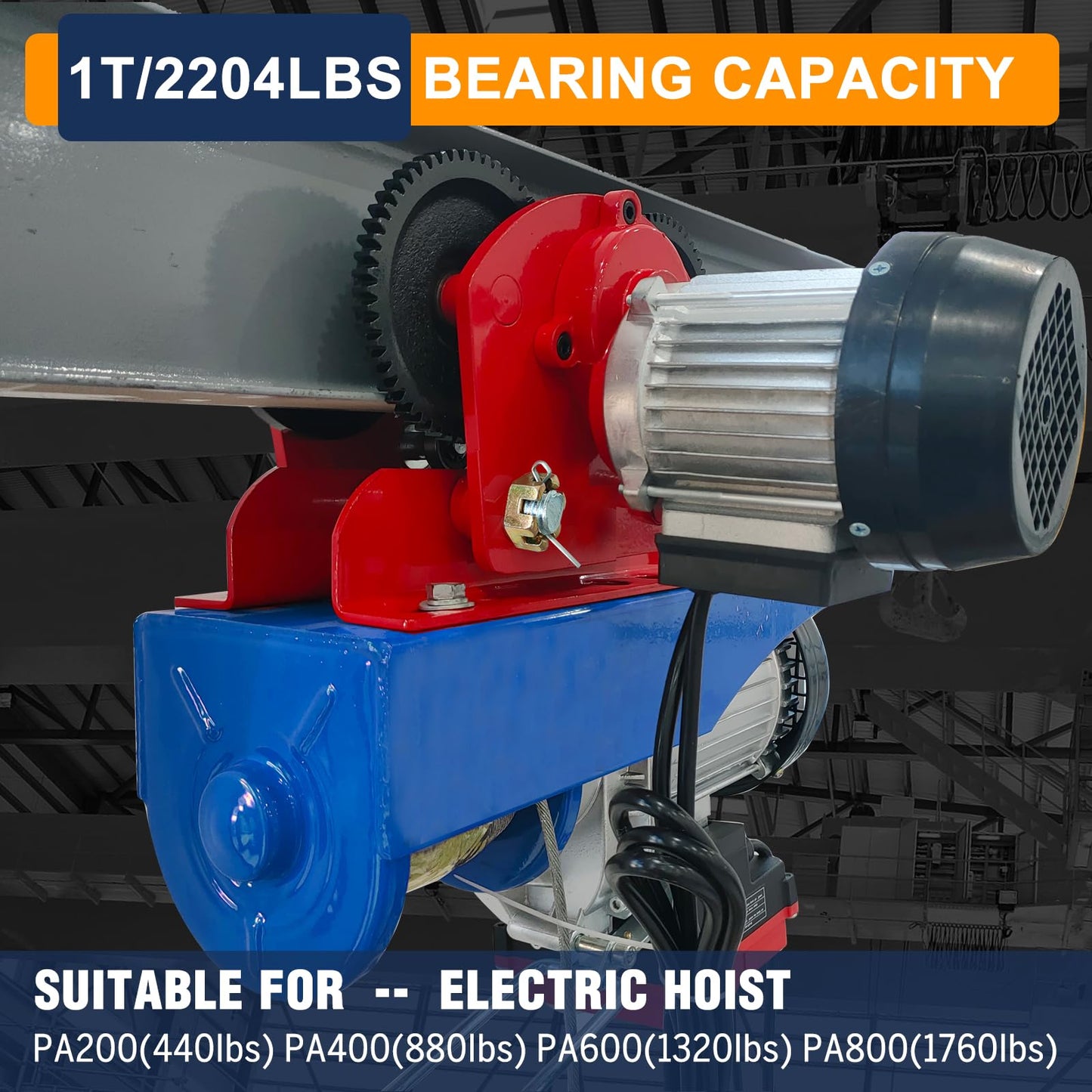 Bigorenda Electric Trolley for Power Hoist, 2204LBS Capacity, for PA200-PA1000 Hoists Push Geared Overhead Heavy Duty Wheels, 2.68-4.33"Adjustable Beam Flange Width for Straight Curved I Beam Trolley