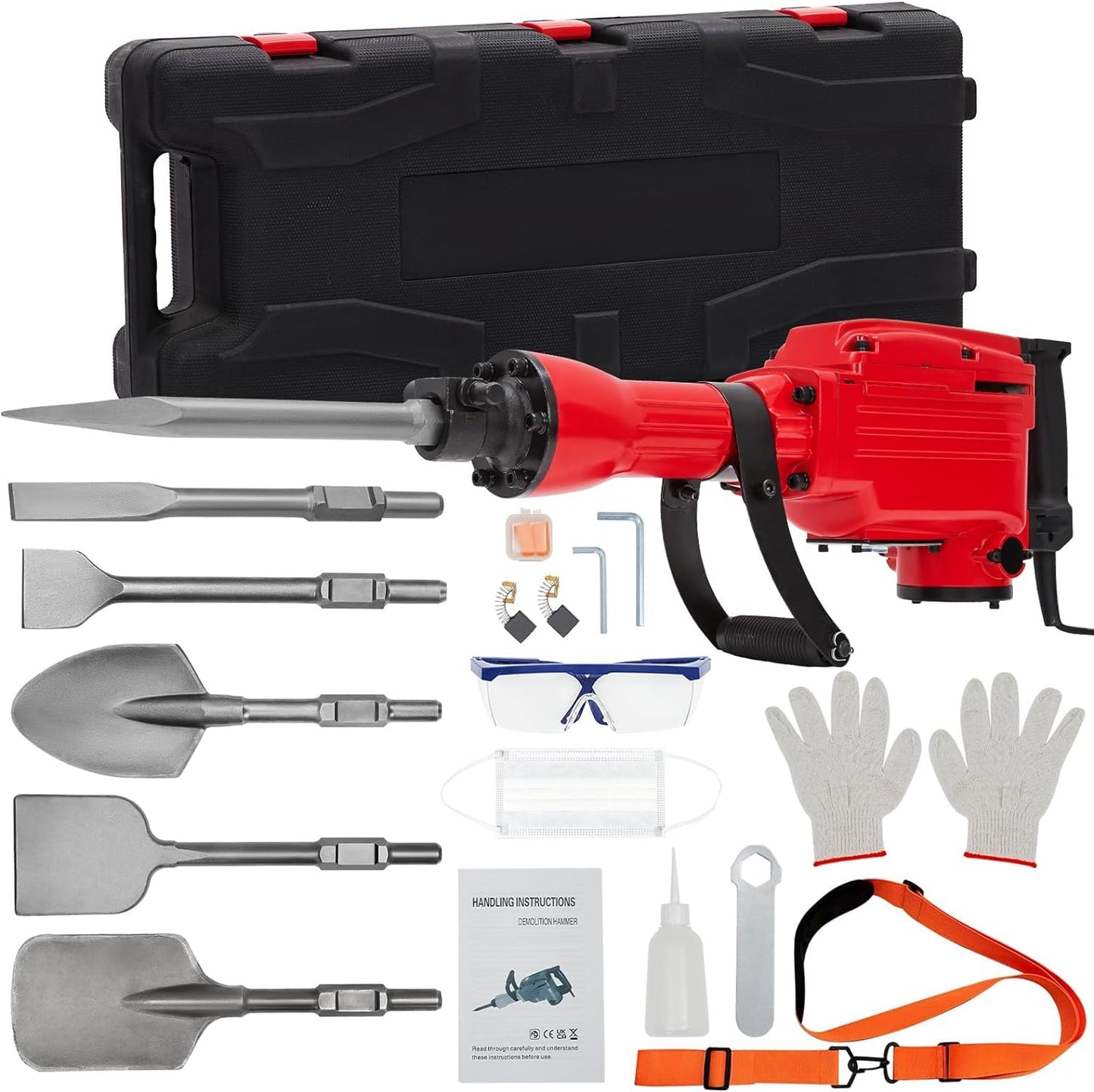 2200W Heavy Duty Electric Jack Hammer,Demolition Power Tool Kit With 3 Chisel Bits,Carrying Case & Safety Gloves for Concrete,Brick and Masonry, 6-Piece Set