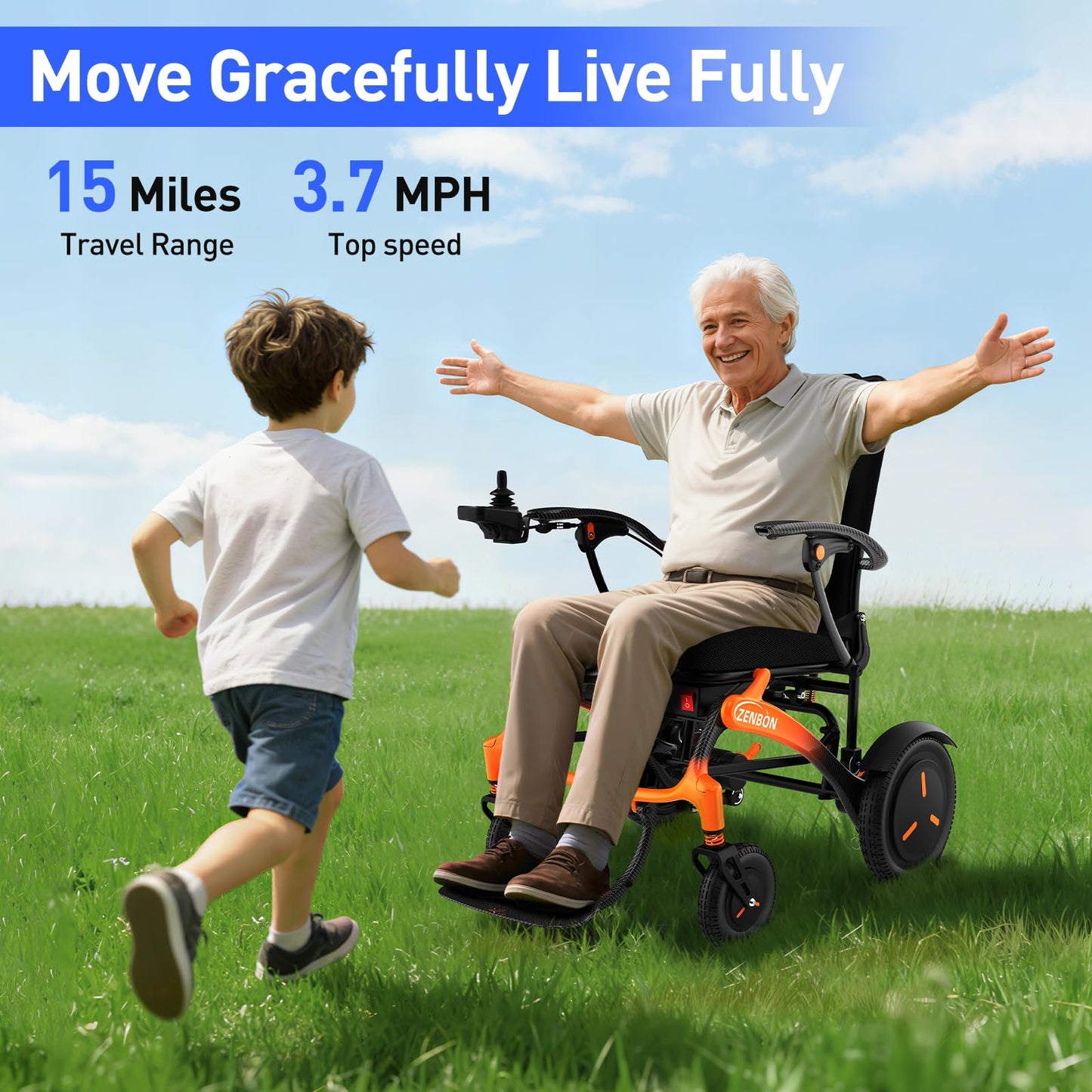 Carbon Fiber Electric Wheelchair for Adults ZENBON, 15 Miles Cruise Range Foldable Powered Wheelchair, Intelligent Motorized Wheelchairs for Seniors, Portable All Terrain Electric Mobility Chair 681A