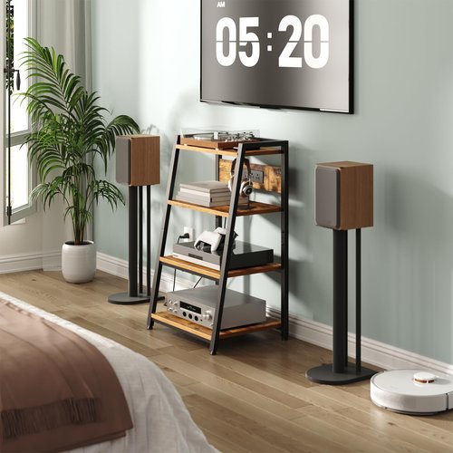 HOOBRO 4-Tier AV Media Stand with Charging Station and LED Light, Wooden Stereo Cabinet, Game Console Stand, Media Audio Rack, Record Player, Entertainment Center, Rustic Brown and Black BF106UDCJ01