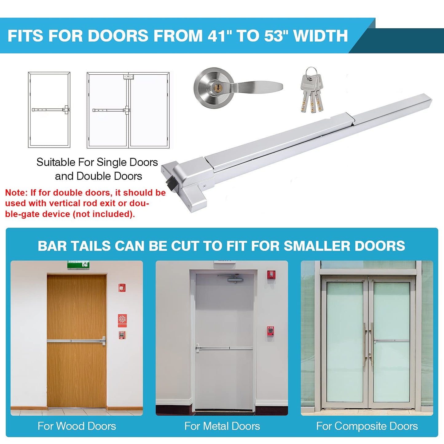 IRONWALLS Panic Bars for Exit Doors 41”, Stainless Steel Commercial Push Bar Panic Exit Device with Exterior Door Lever Handle, Push Bar Door Lock Emergency Door Hardware for 41”-53” Doors