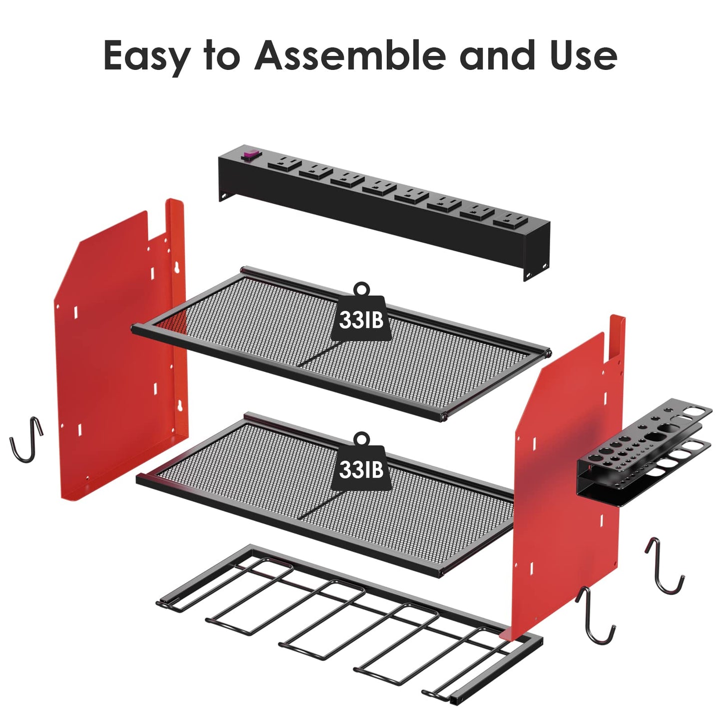 CCCEI Modular Power Tool Organizer Wall Mount with Charging Station. Garage Drill Storage Shelf with Hooks, Heavy Duty Rack, Tool Battery Holder Built in 8 Outlet. Gift for Men. Red, 1 Pack.