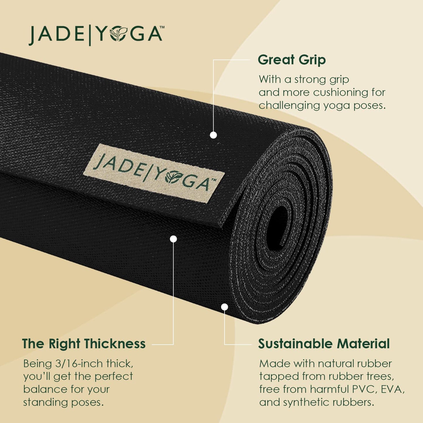 JadeYoga Harmony Yoga Mat - Durable & Thick Gym Fitness Mat, Non-Slip Natural Rubber Yoga Mat - Home Exercise & Stretching Mat, Workout Mat- Yoga, Pilates & Meditation for Women & Men (Black, 74'')