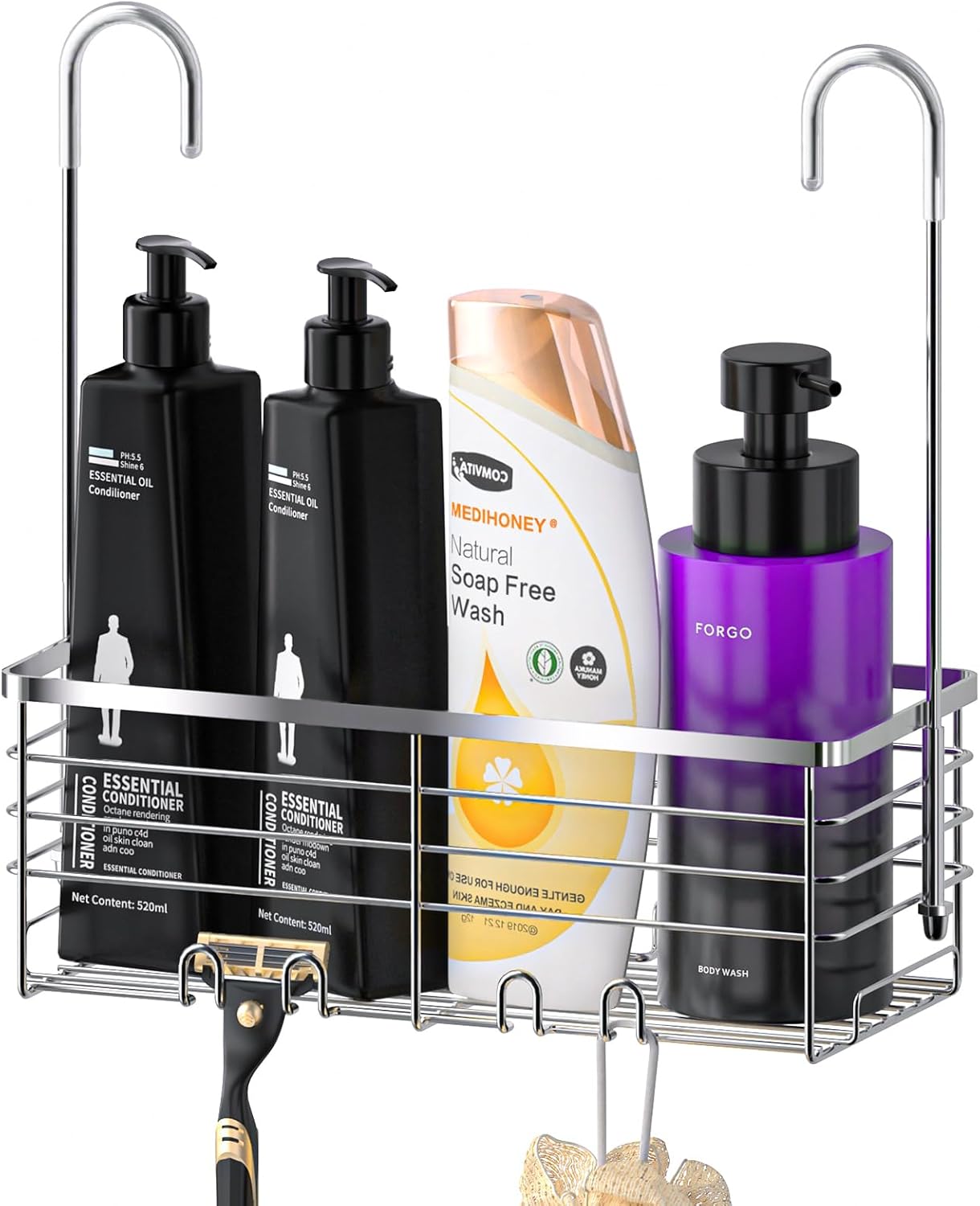 SHANSHUI Shower Caddy - Rustproof 304 Stainless Steel Bathroom Organizer with Hooks | Over Door Design