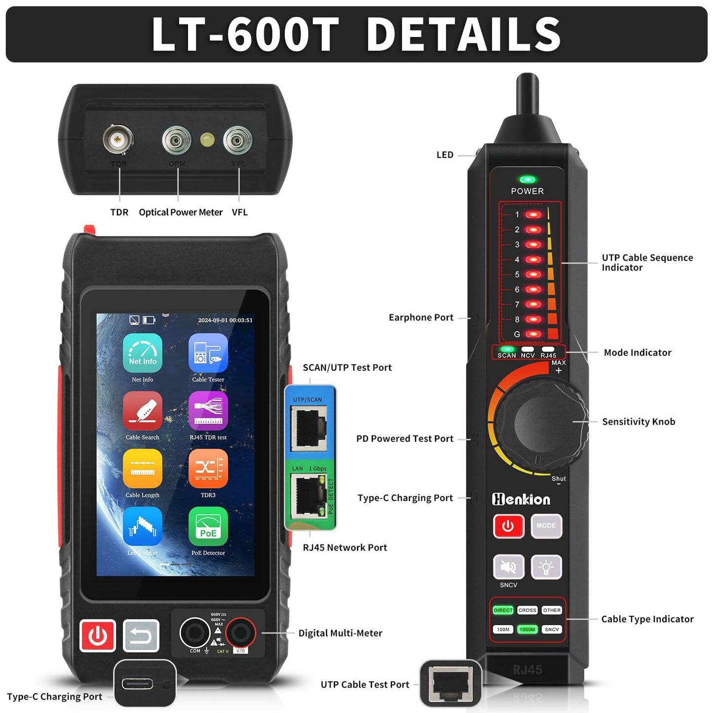 Multifunction RJ45 Network Caber Tester,Full Features UTP Cable Tester Cable Tracer,4" IPS Touch Screen Support TDR,DMM,OPM,POE++ Detect,Level Meter,Ethenet Network Tester,RJ45 TDR,Length,FTP(LT-600T)