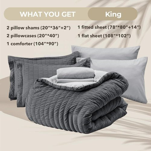 HYMOKEGE King Size Comforter Set - 7-Piece All-Season Luxury Bedding in Dark Grey/Light Grey