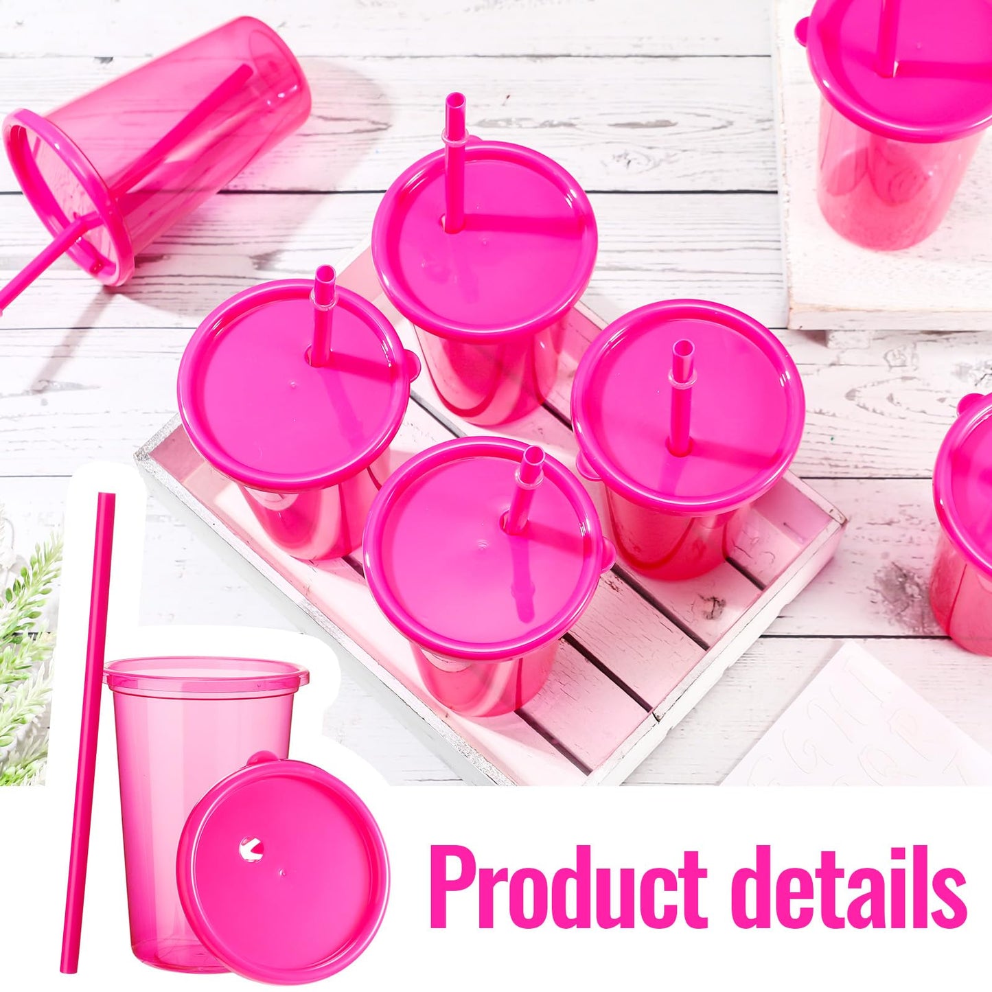 Nuanchu Plastic Cups with lids and Straws Reusable 14oz Tumbler with Sheets Letter Stickers for adult Iced Coffee Cup Travel Mug for Party Favors Beach Juices(Hot Pink,12 Pcs)